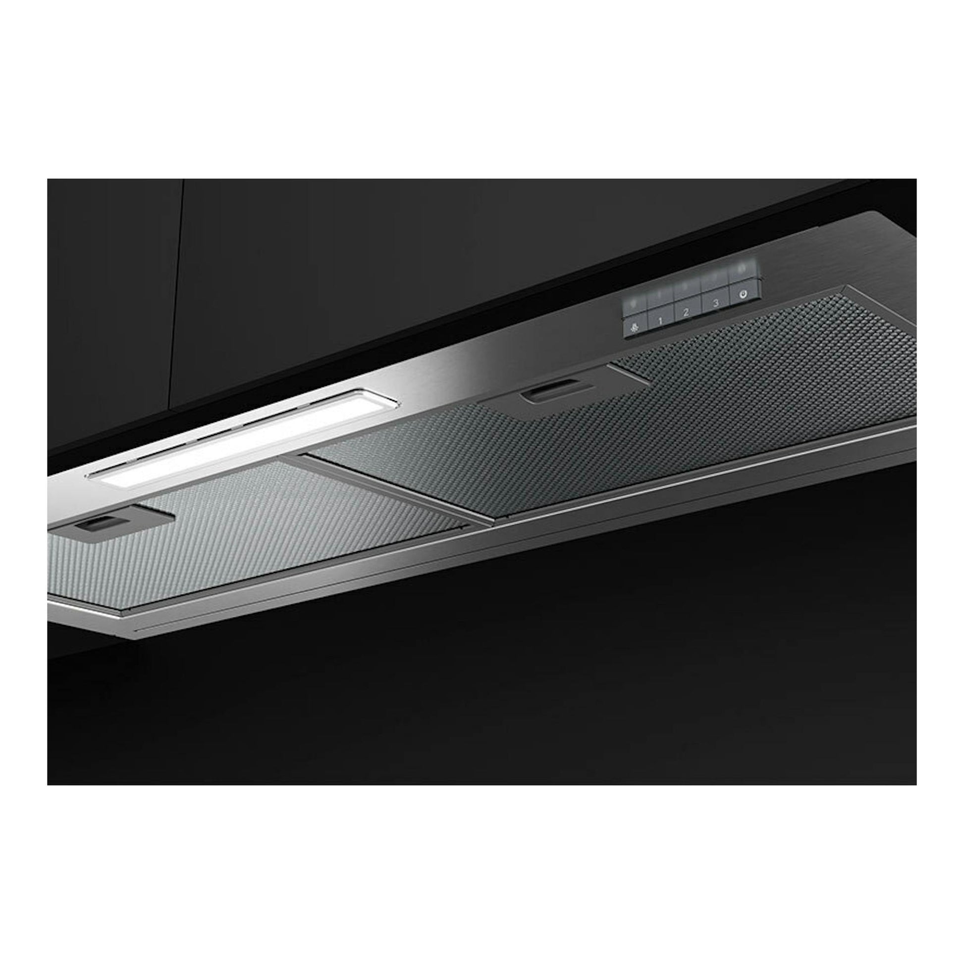 Campana integrable Teka GFI93030KOS en inox, vista inferior, con filtro metálico y botones de control.