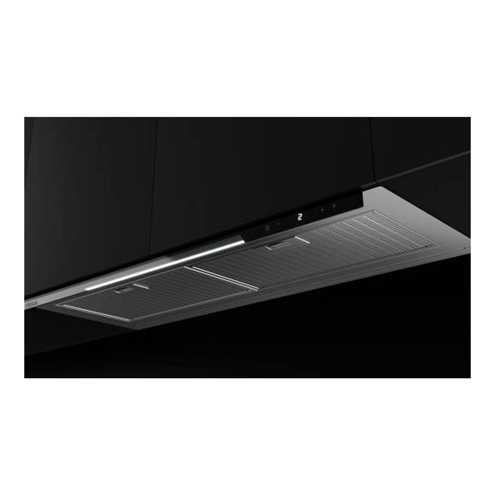 Campana integrable Teka GFI97350EOS inox de 89 cm, vista inferior, bajo armarios negros.