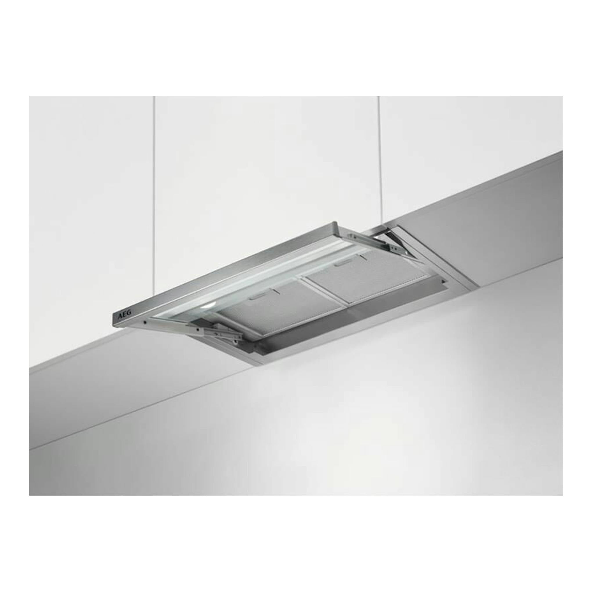 Campana integrada AEG DPE4641M inox, vista inferior, parcialmente extraíble, en acero inoxidable.