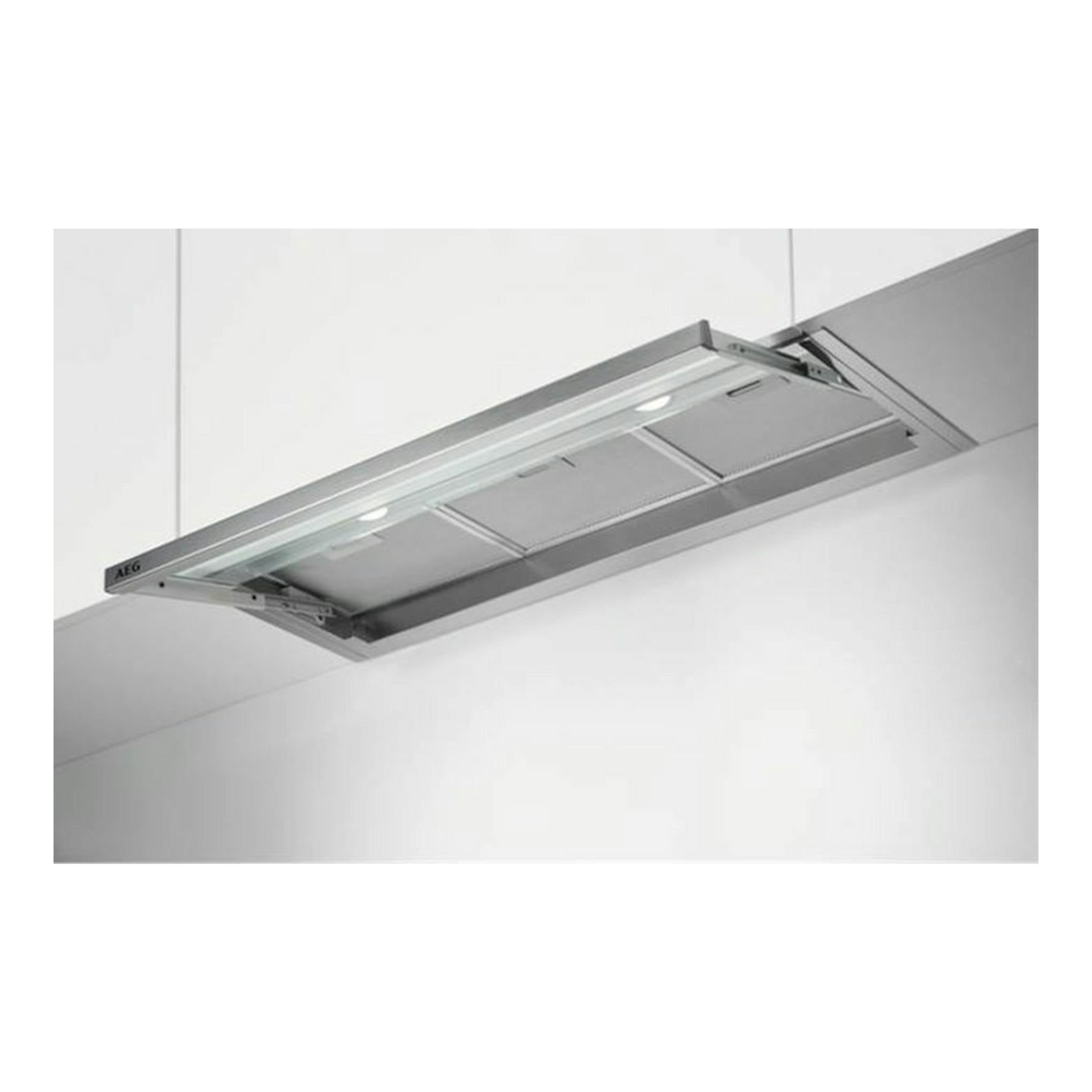 Campana integrada AEG DPE4941M en inox, vista inferior y ligeramente inclinada, montada bajo mueble.