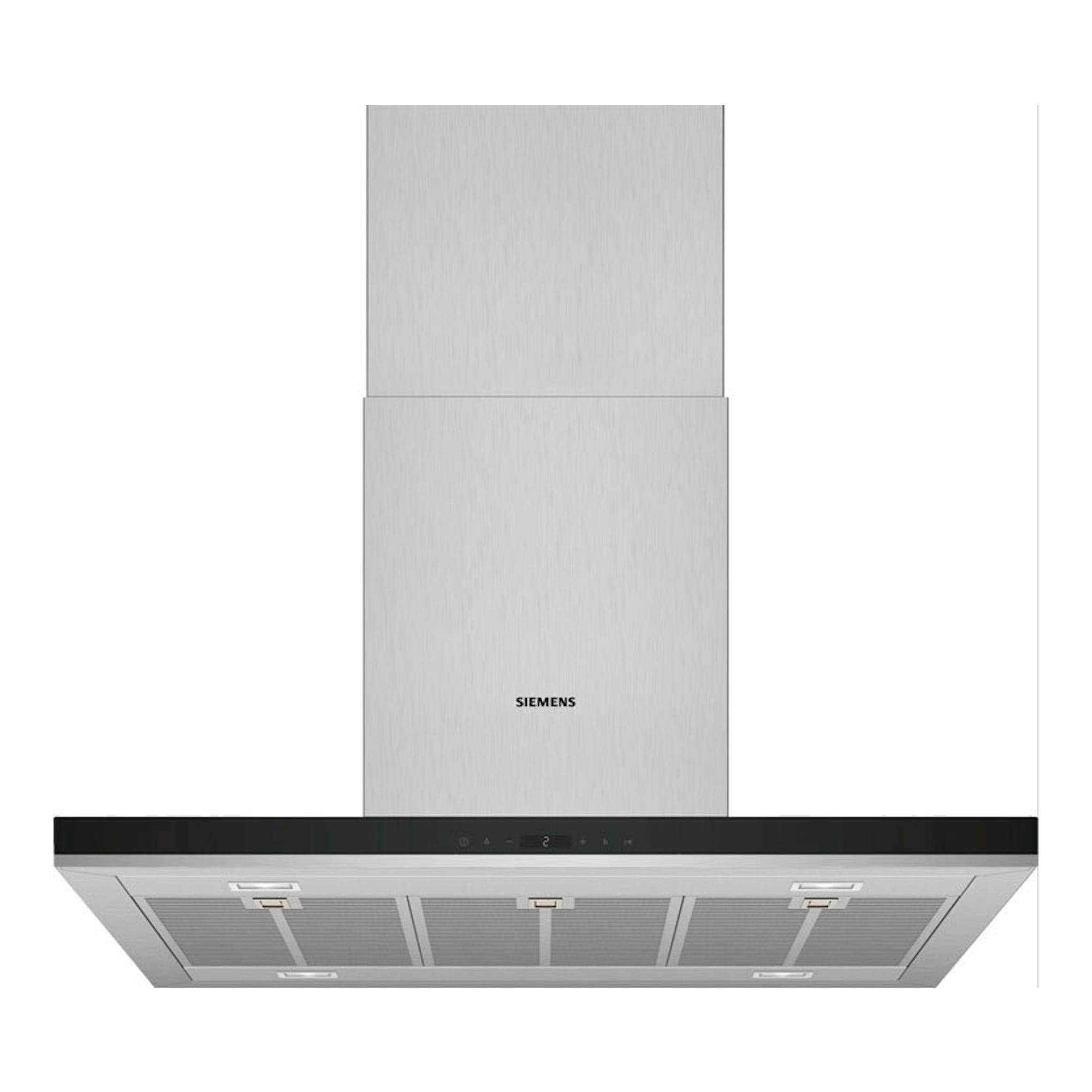 Campana isla Siemens LF98BIP50 en inox, vista frontal, con panel negro y filtros metálicos.