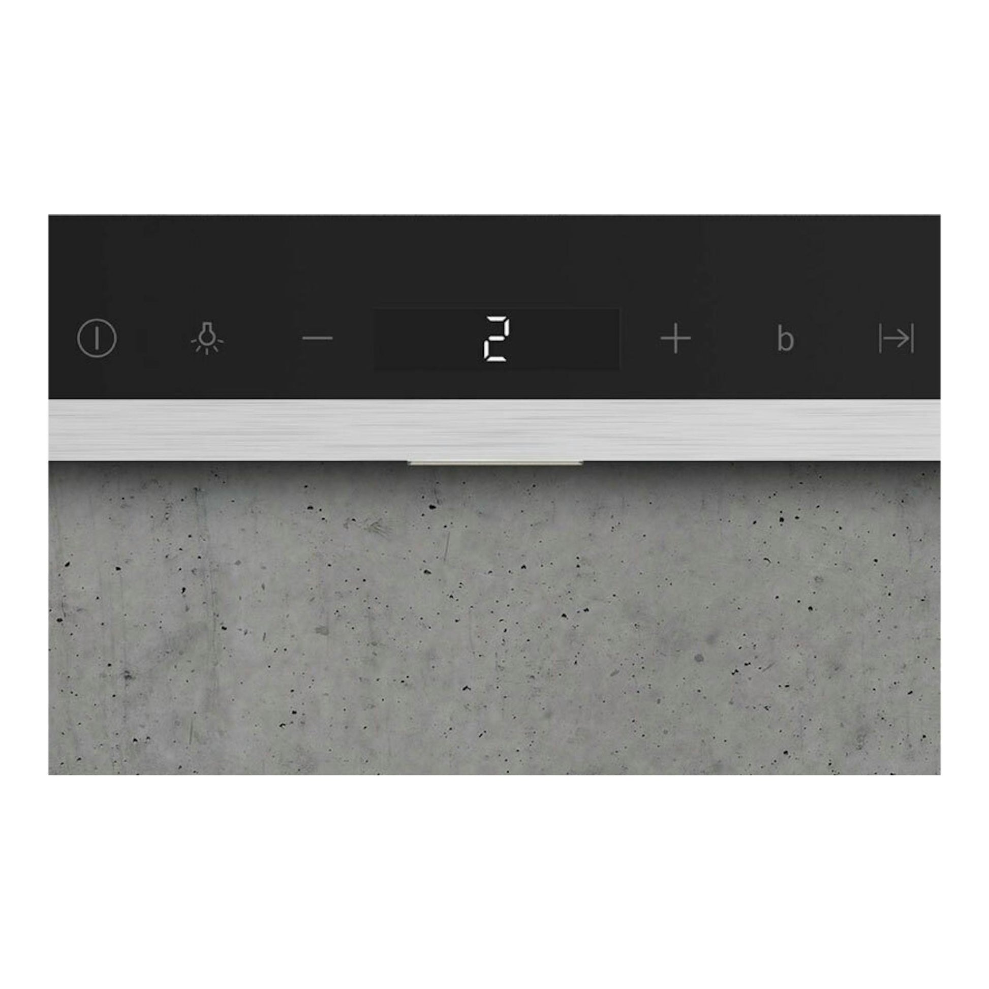 Campana isla Siemens LF98BIP50 inox, vista frontal parcial, panel negro con display central.