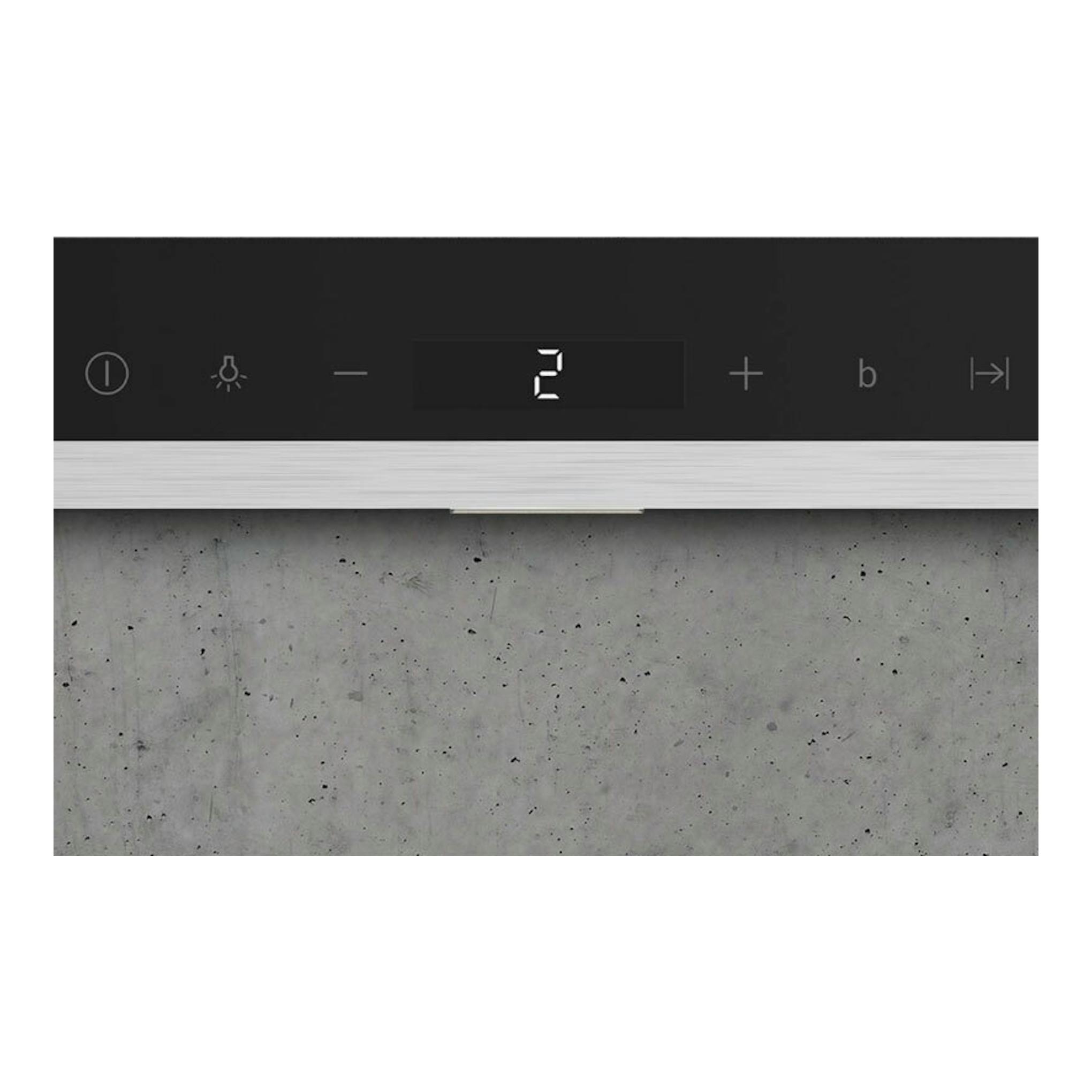 Campana isla Siemens LF98BIP50 inox, vista frontal parcial, panel negro con display central.