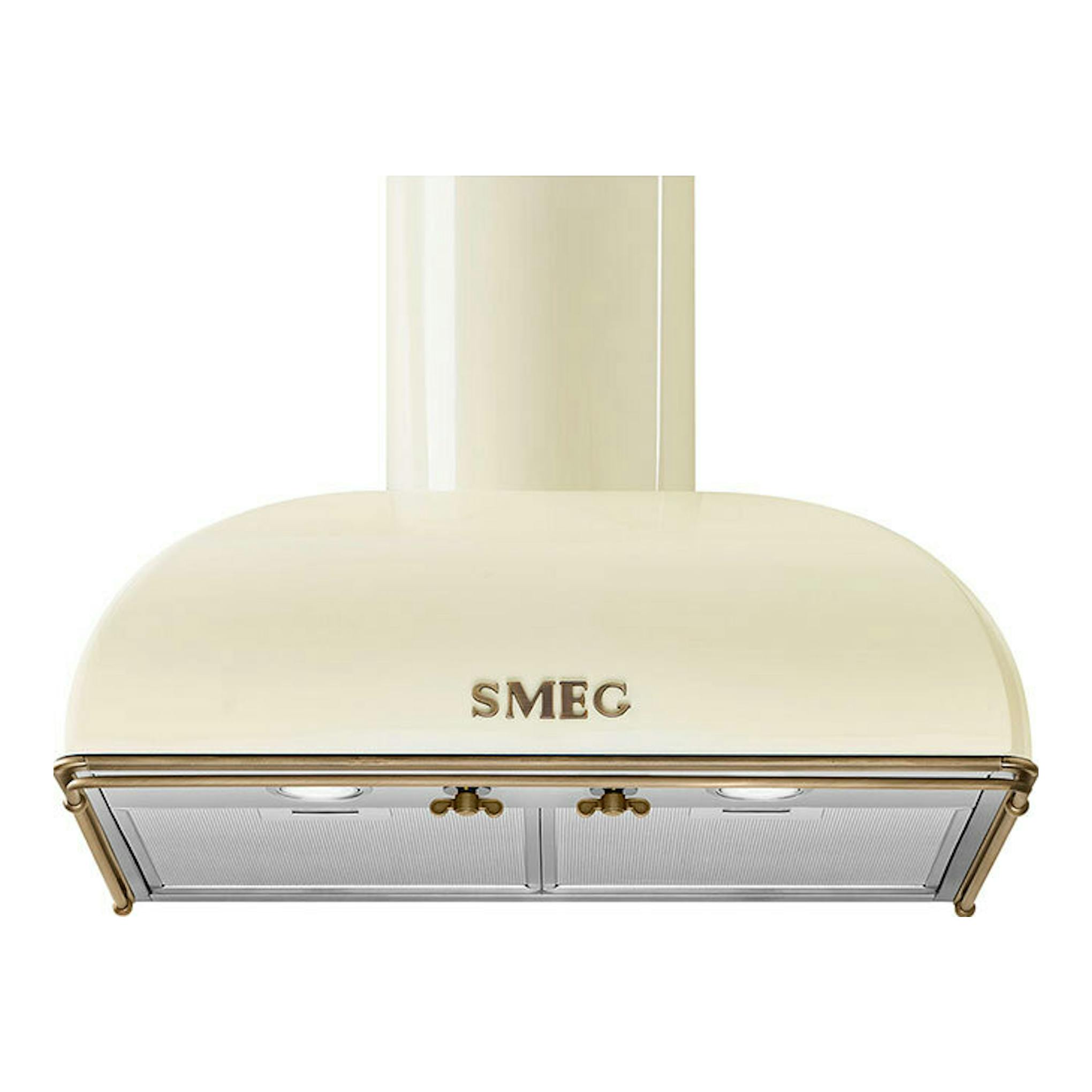 Campana extractora Smeg KS59POE2 color crema, vista frontal, con logo SMEG y filtro metálico inferior.