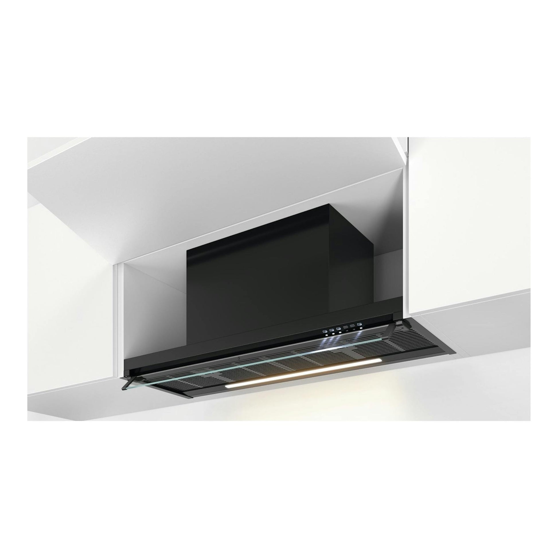 Campana telescópica AEG GE68D9HB negra, vista inferior en mueble de cocina, 90 cm.