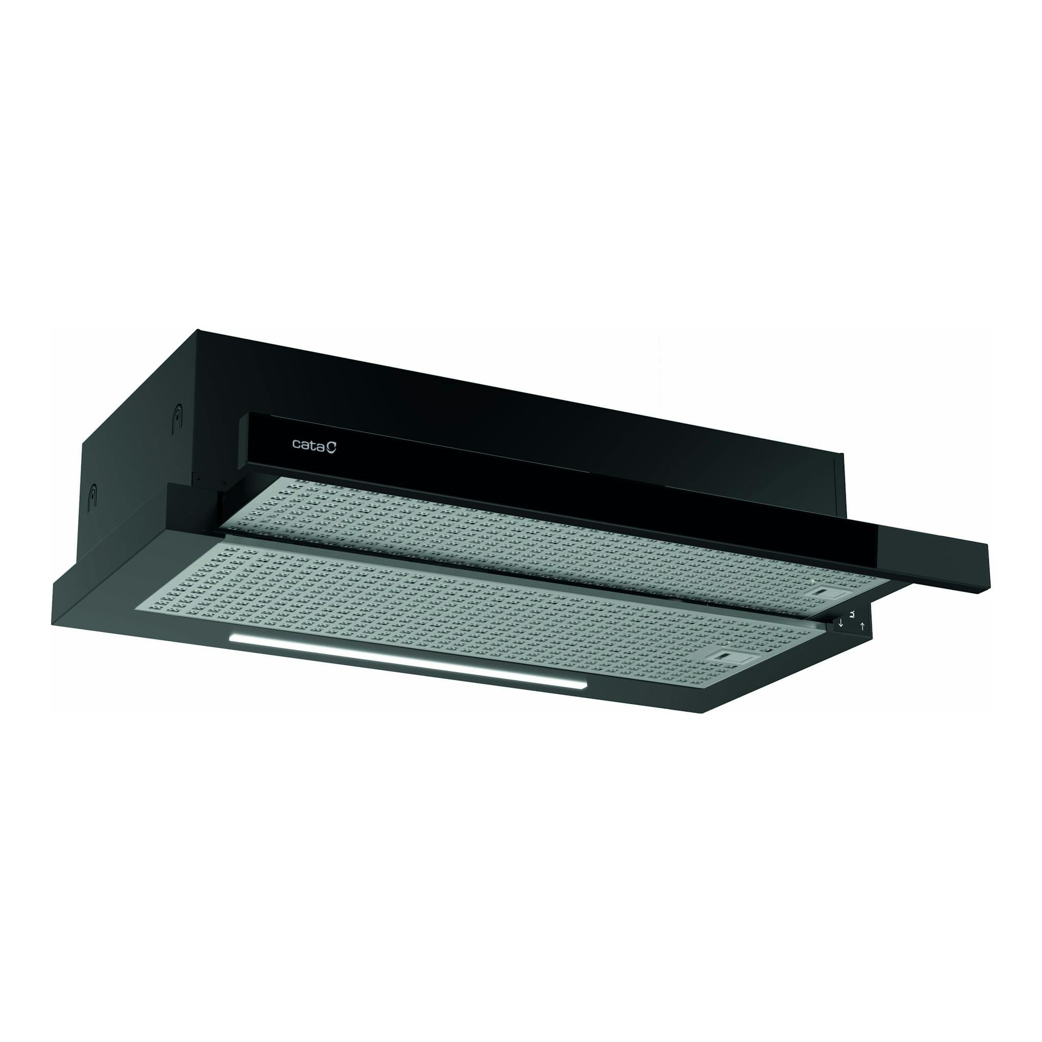 Campana telescópica negra Cata TFH 7430 GBK, vista frontal e inferior con luz LED.