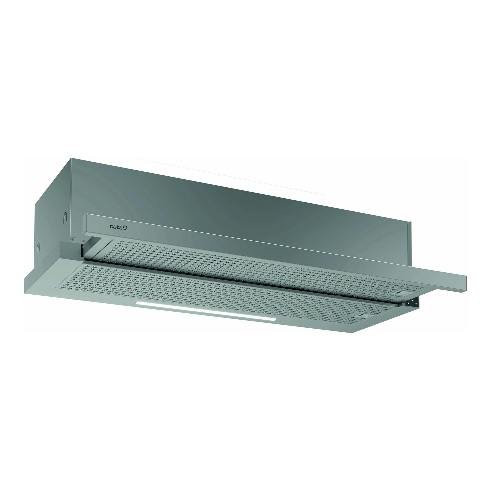 Campana telescópica Cata TFH 9830 X en inox, vista en ángulo inferior con panel extraíble.