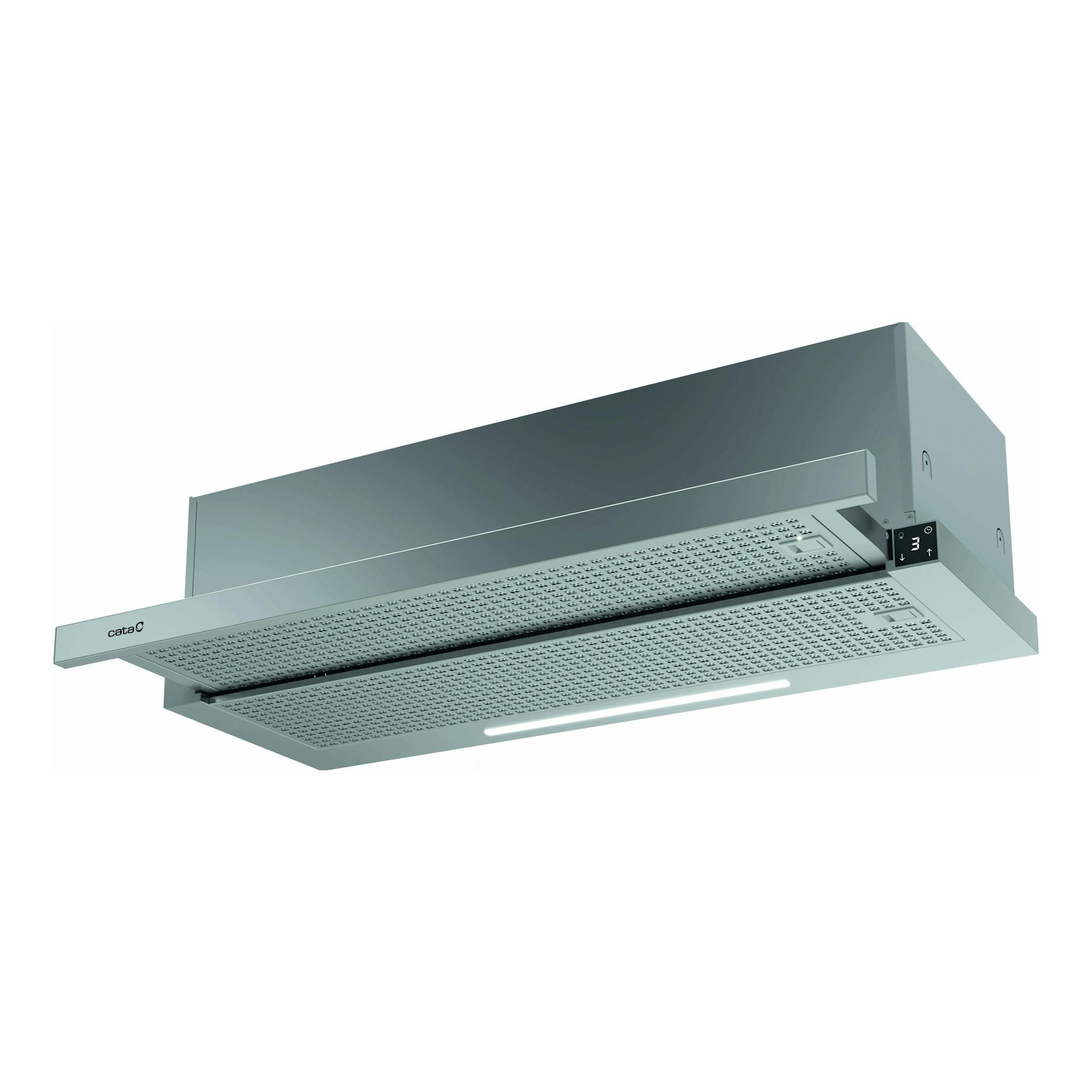 Campana telescópica Cata TFH 9830 X en inox, vista inferior en ángulo, con panel táctil y luz LED.