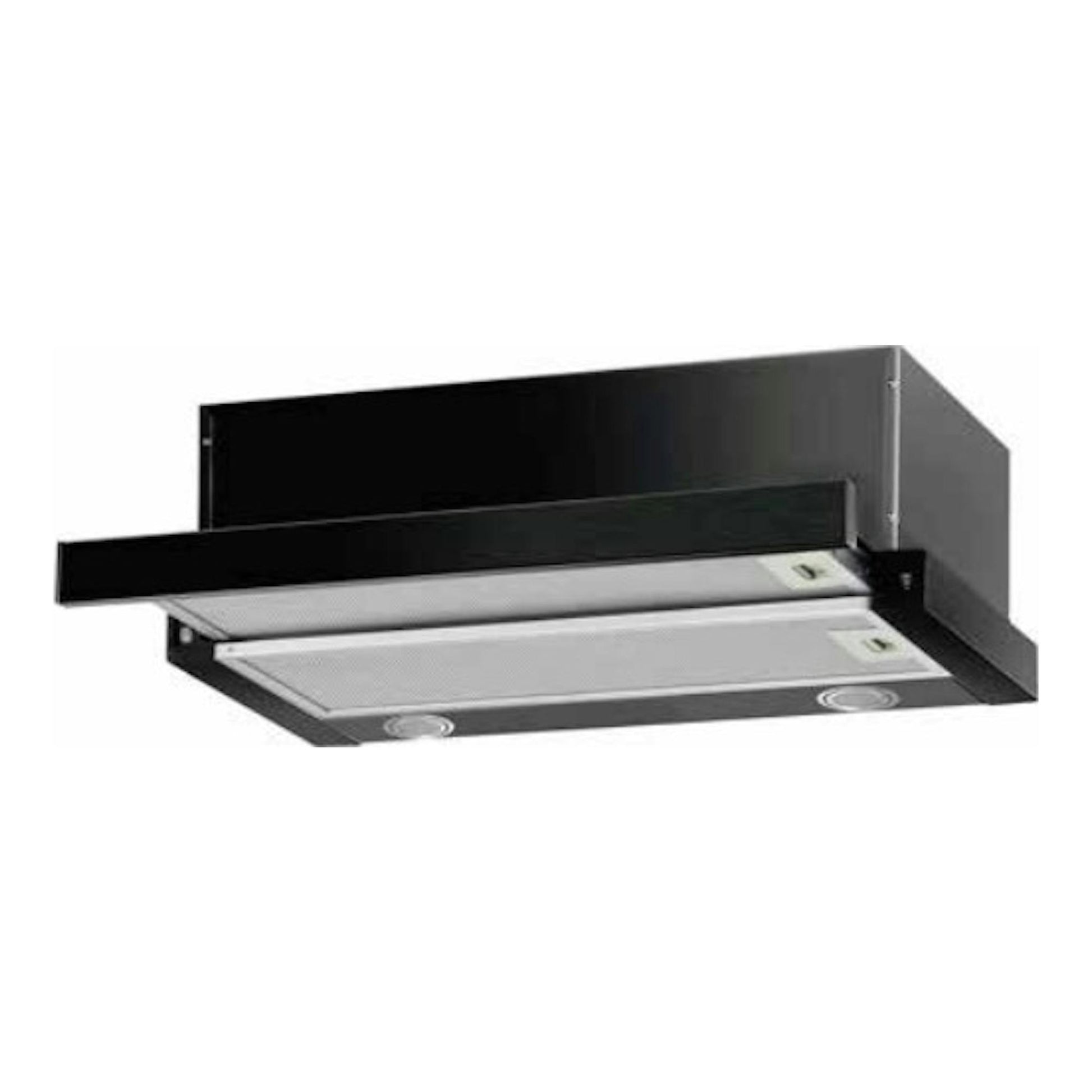 Campana telescópica Mepamsa Slimline 60 negra, vista en ángulo, con frontal extensible.