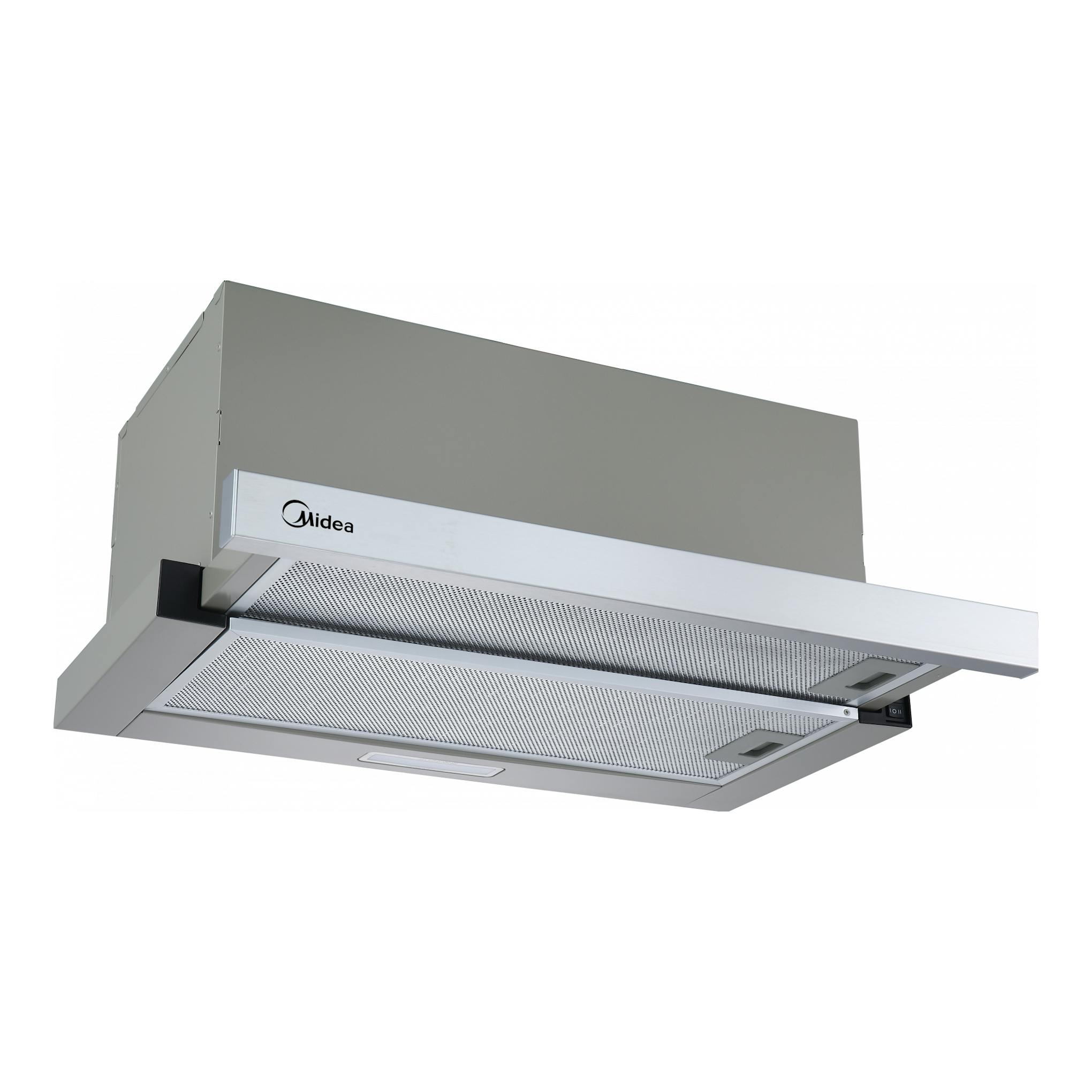 Campana telescópica Midea MH60T2200X-ES en inox, vista inferior con panel extraído.