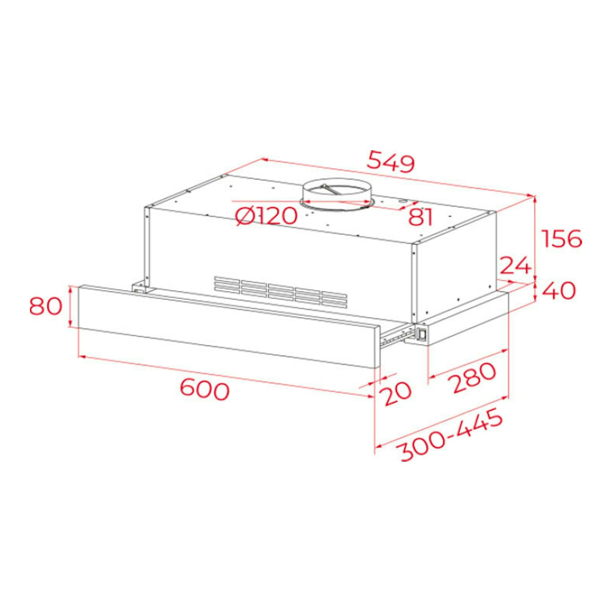 Diagrama técnico de campana telescópica Teka PLR6320MCSIX inox, vista 3/4, con cotas en rojo.