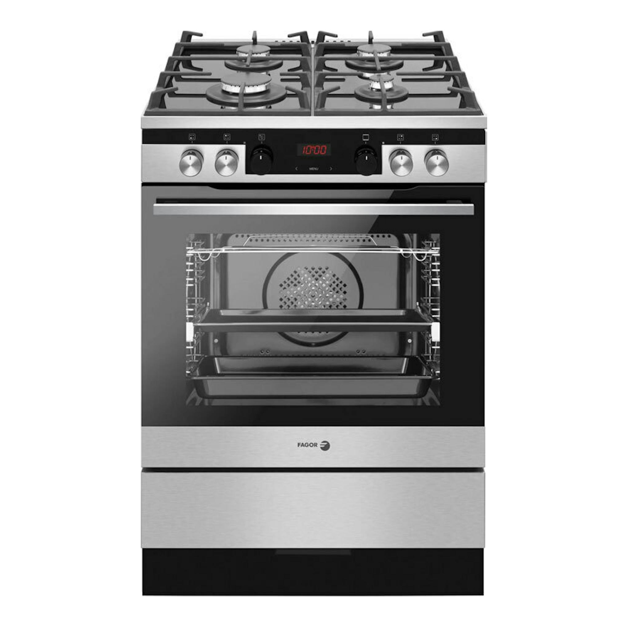 Cocina Fagor 3CLG610BX de 60 cm, vista frontal, en acero inoxidable y negro, con 4 fuegos y horno visible.