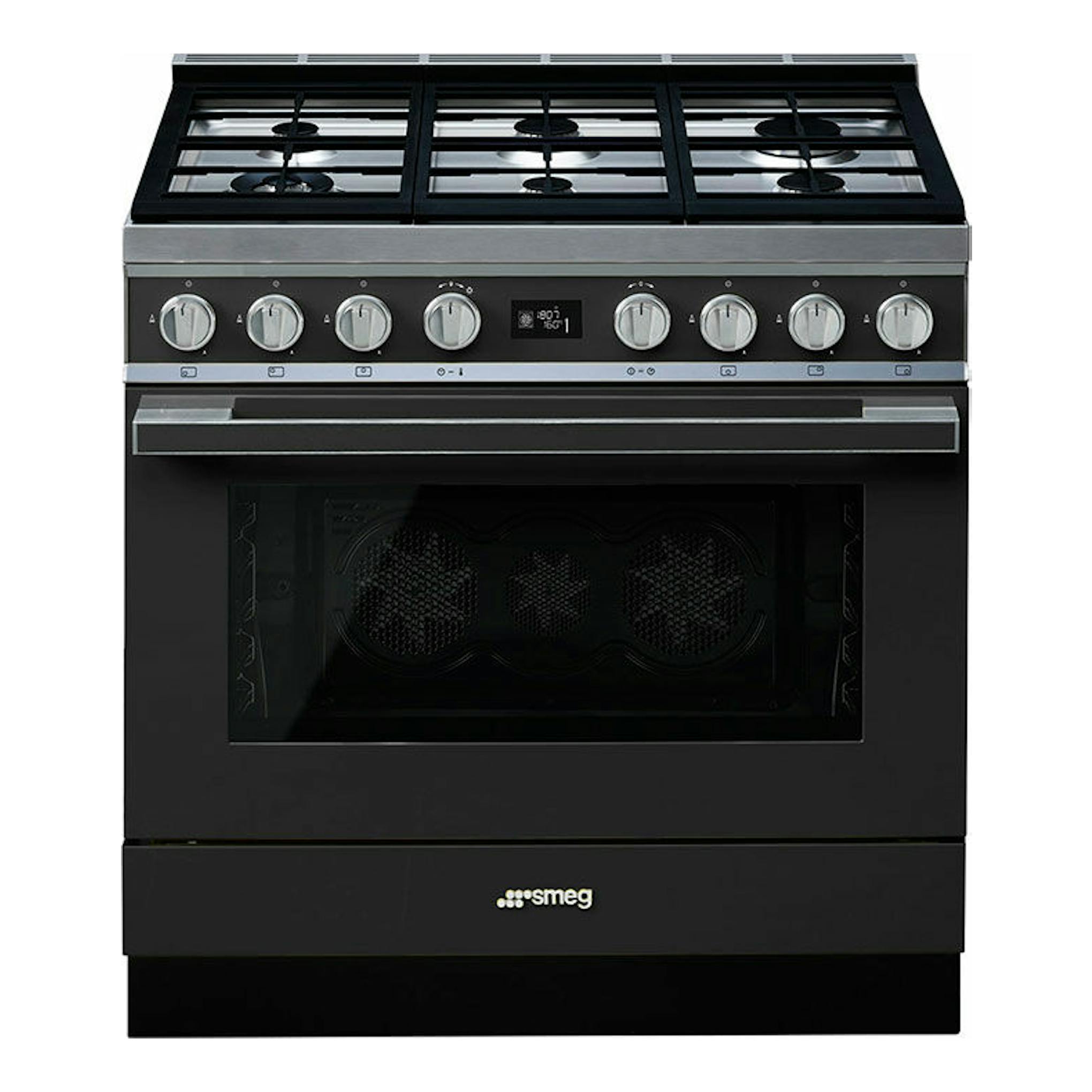 Cocina Smeg CPF9GPAN negra, vista frontal, con 6 quemadores y horno con puerta de cristal.