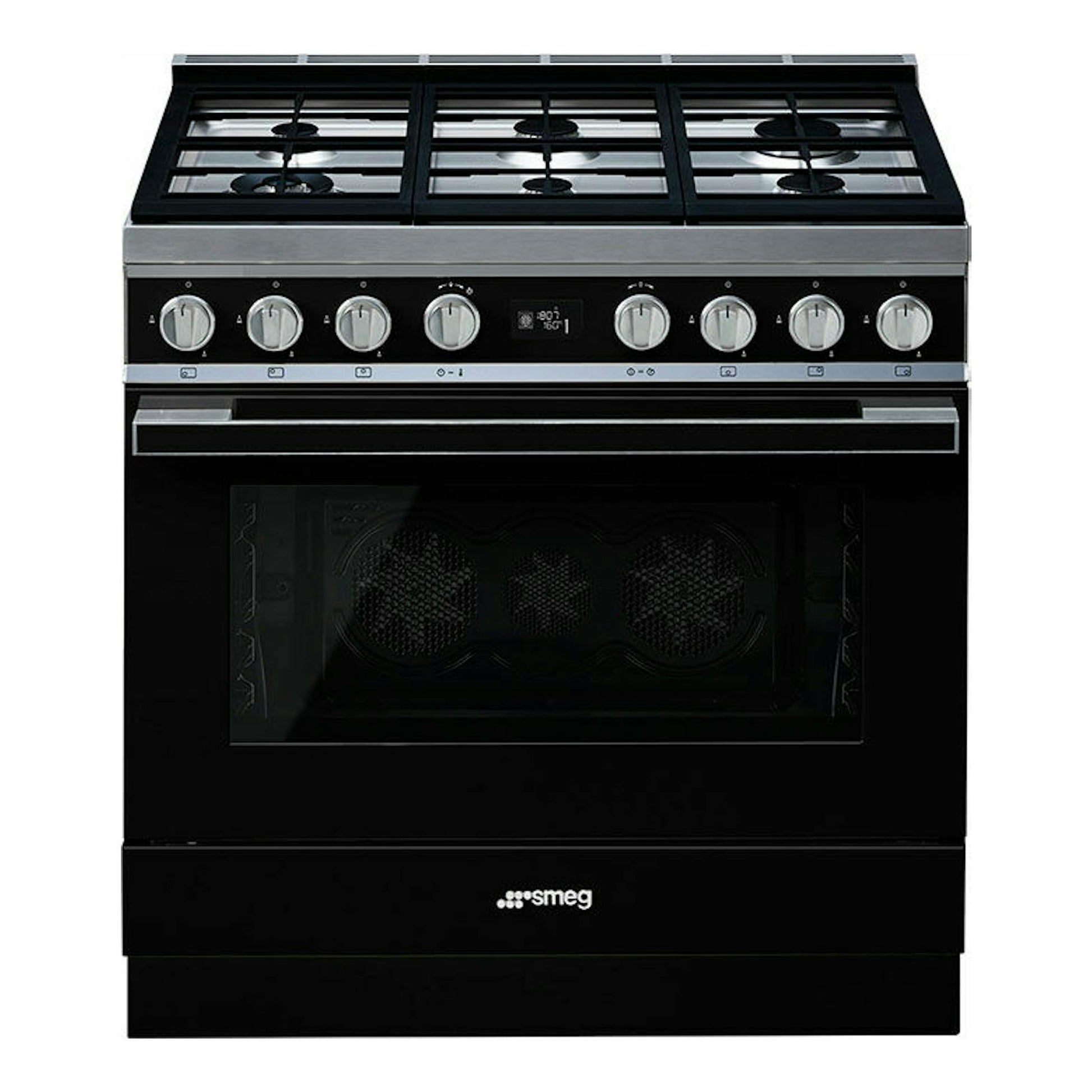Cocina Smeg CPF9GPBL negra de 90 cm, vista frontal, con cinco fuegos y horno con puerta de cristal.