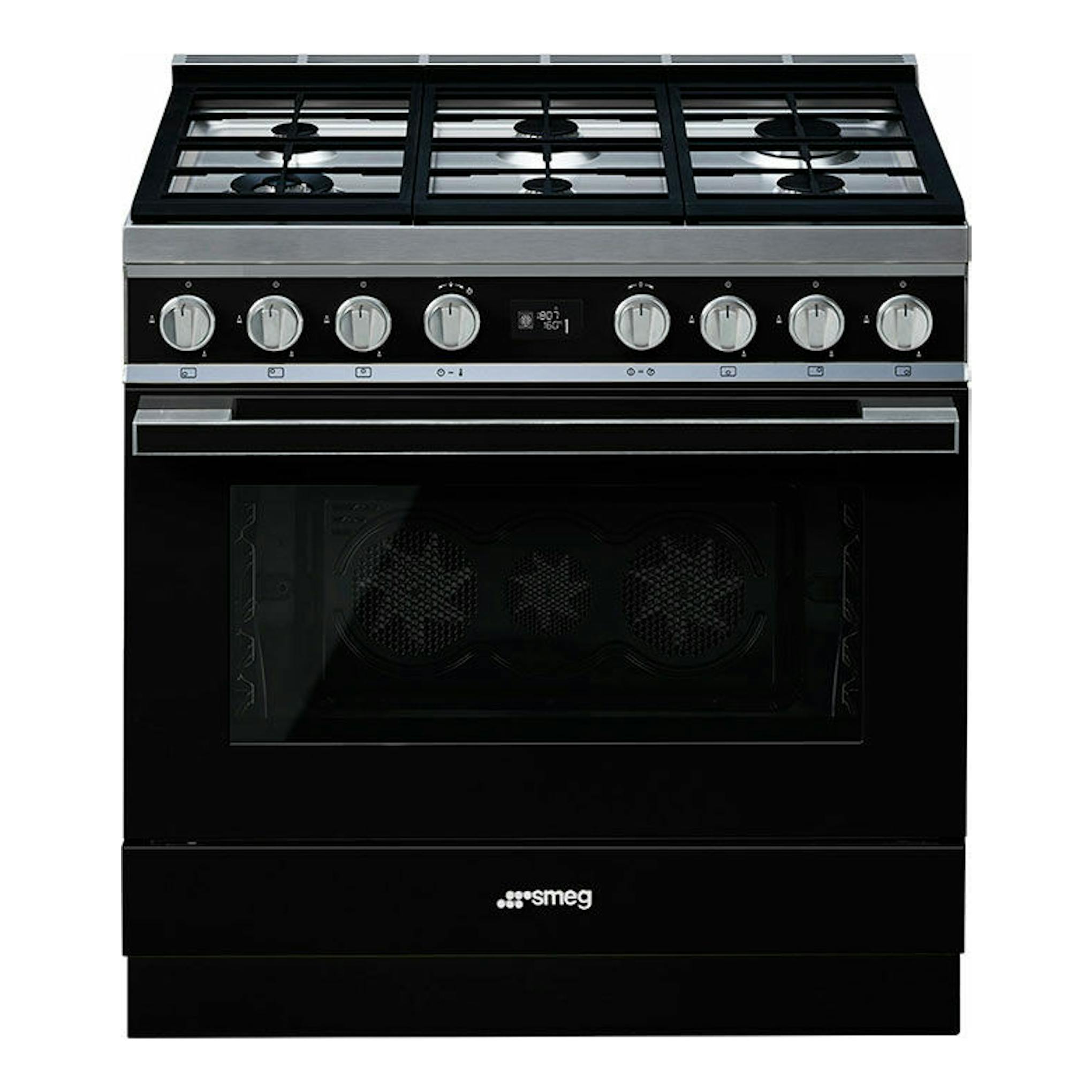 Cocina Smeg CPF9GPBL negra de 90 cm, vista frontal, con cinco fuegos y horno con puerta de cristal.