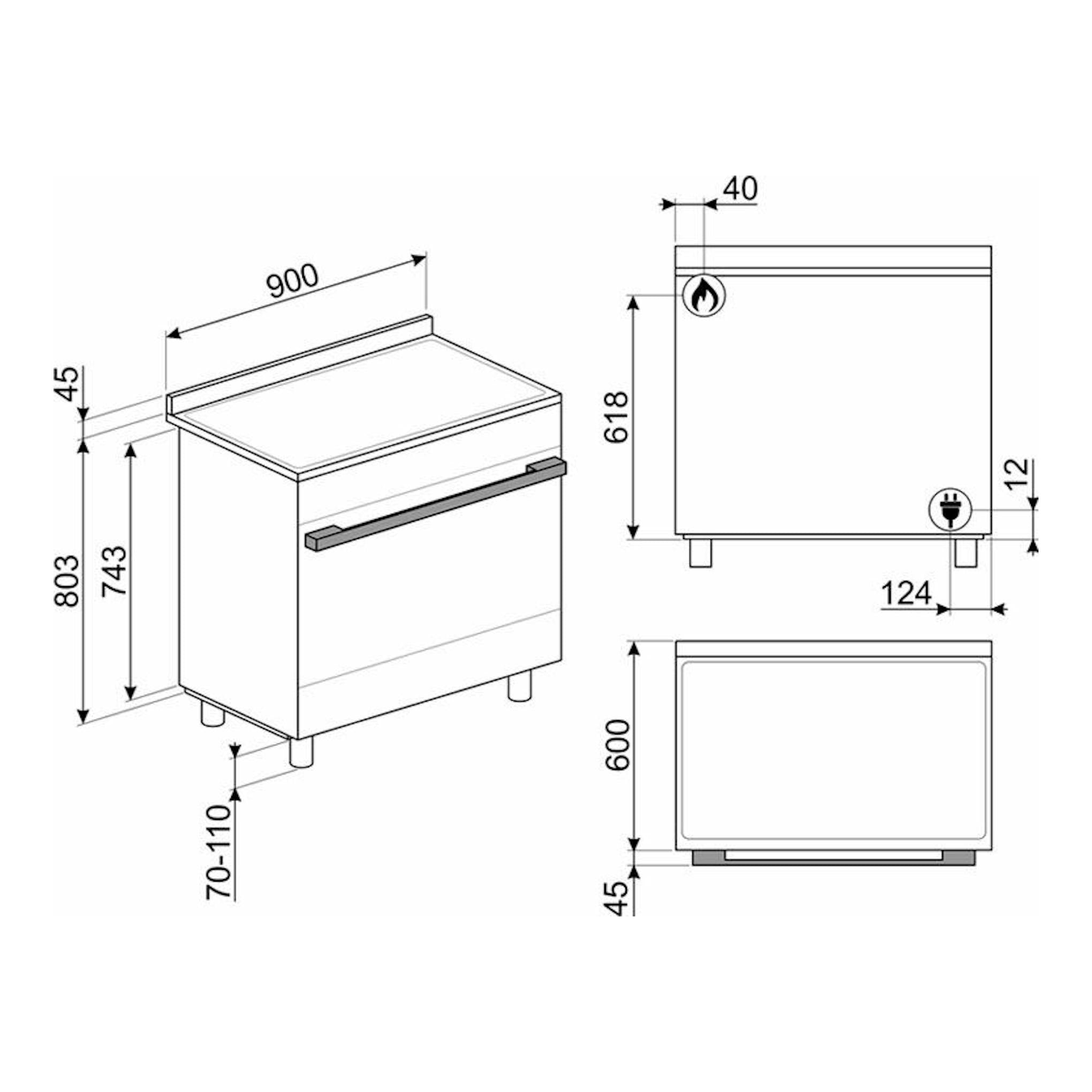 Plano técnico de cocina Smeg CPF9GPBL de 90 cm, con vistas isométrica, lateral y superior.