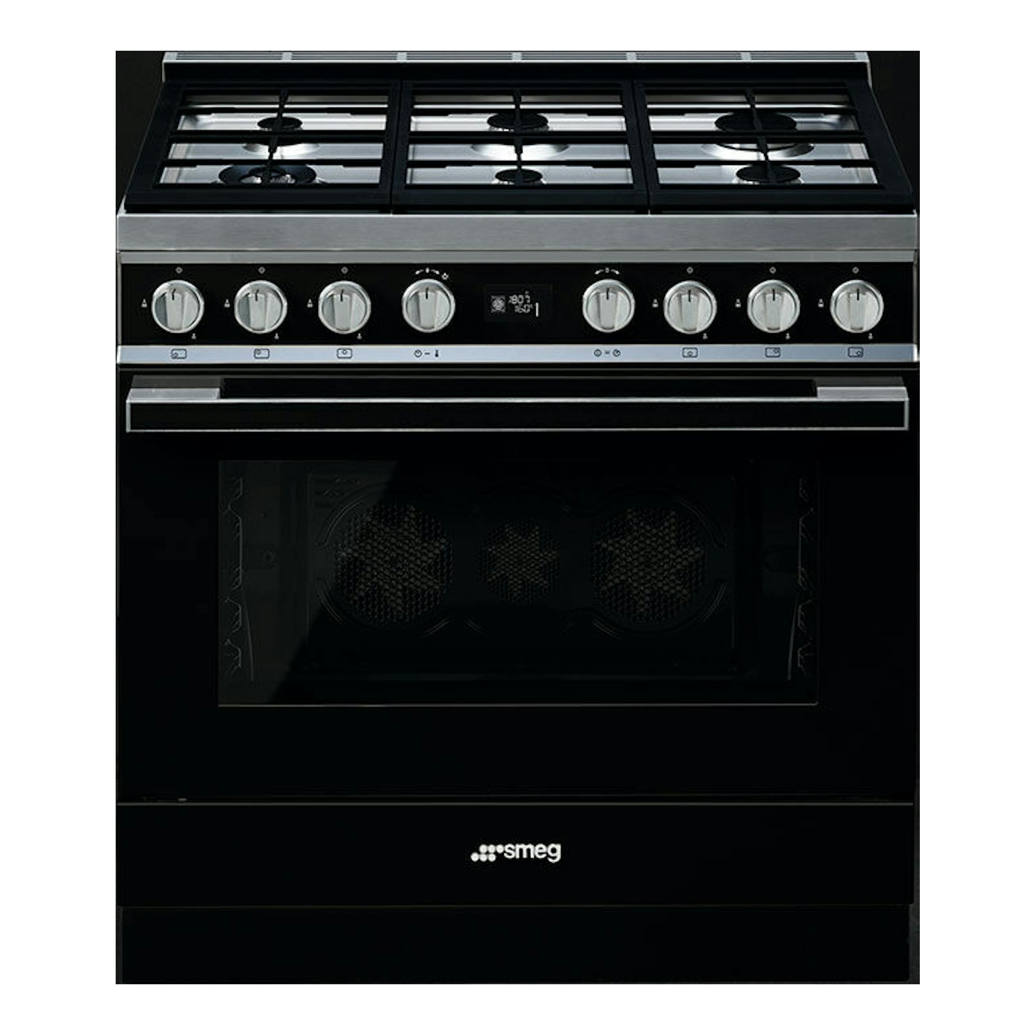 Cocina Smeg CPF9GPBL negra de 90 cm, vista frontal, con encimera de acero y mandos plateados.