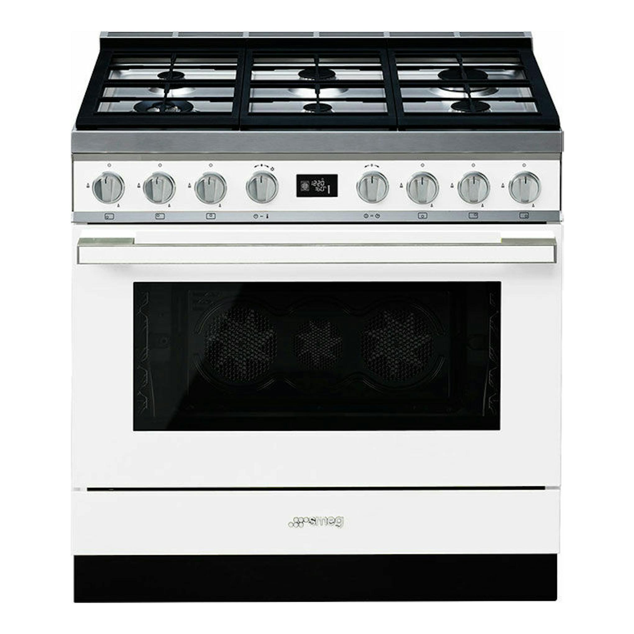 Cocina Smeg CPF9GPWH de 90 cm, vista frontal, blanca con encimera negra y mandos plateados.