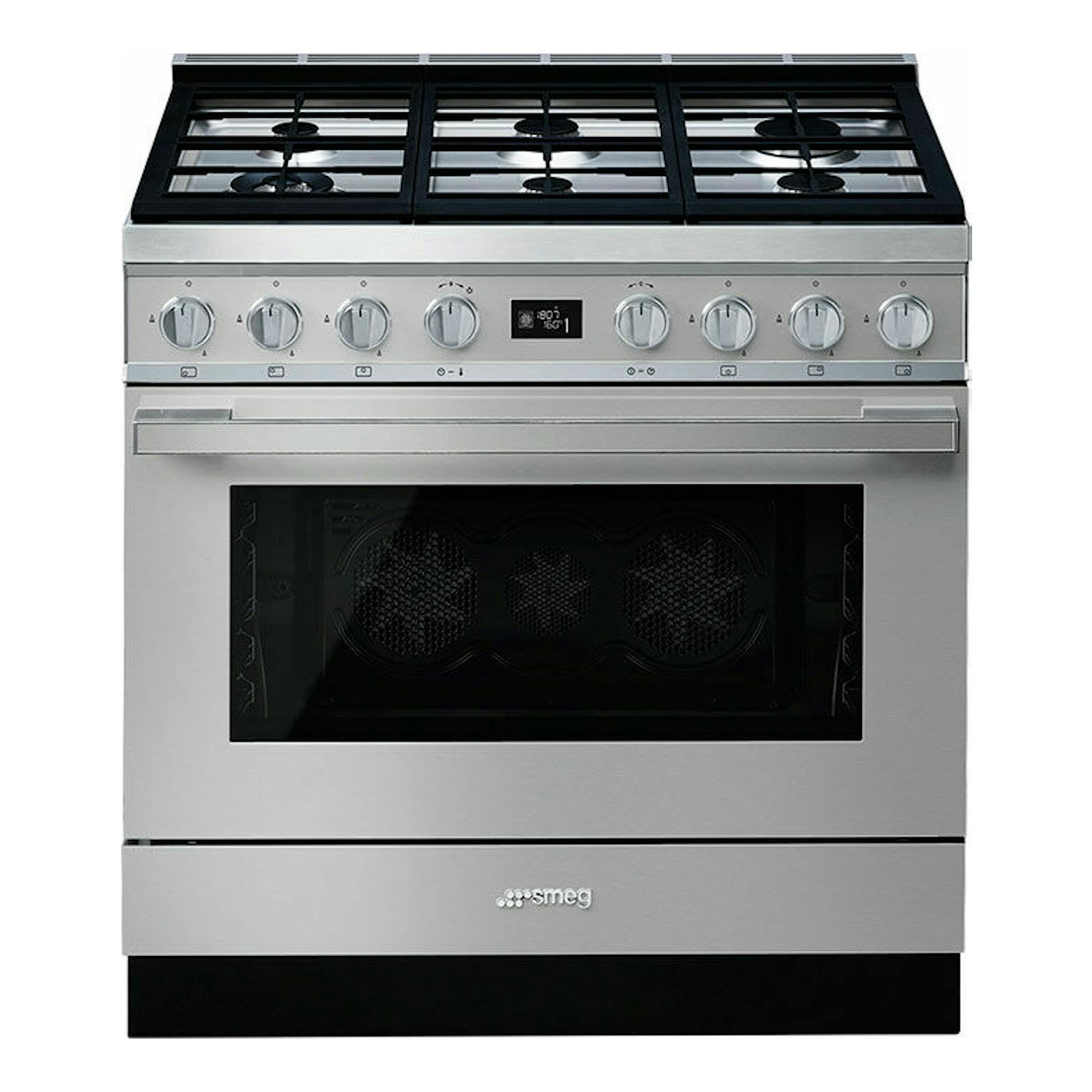 SMEG CPF9GPX, cocina de acero inoxidable y negro, vista frontal con horno y seis mandos.