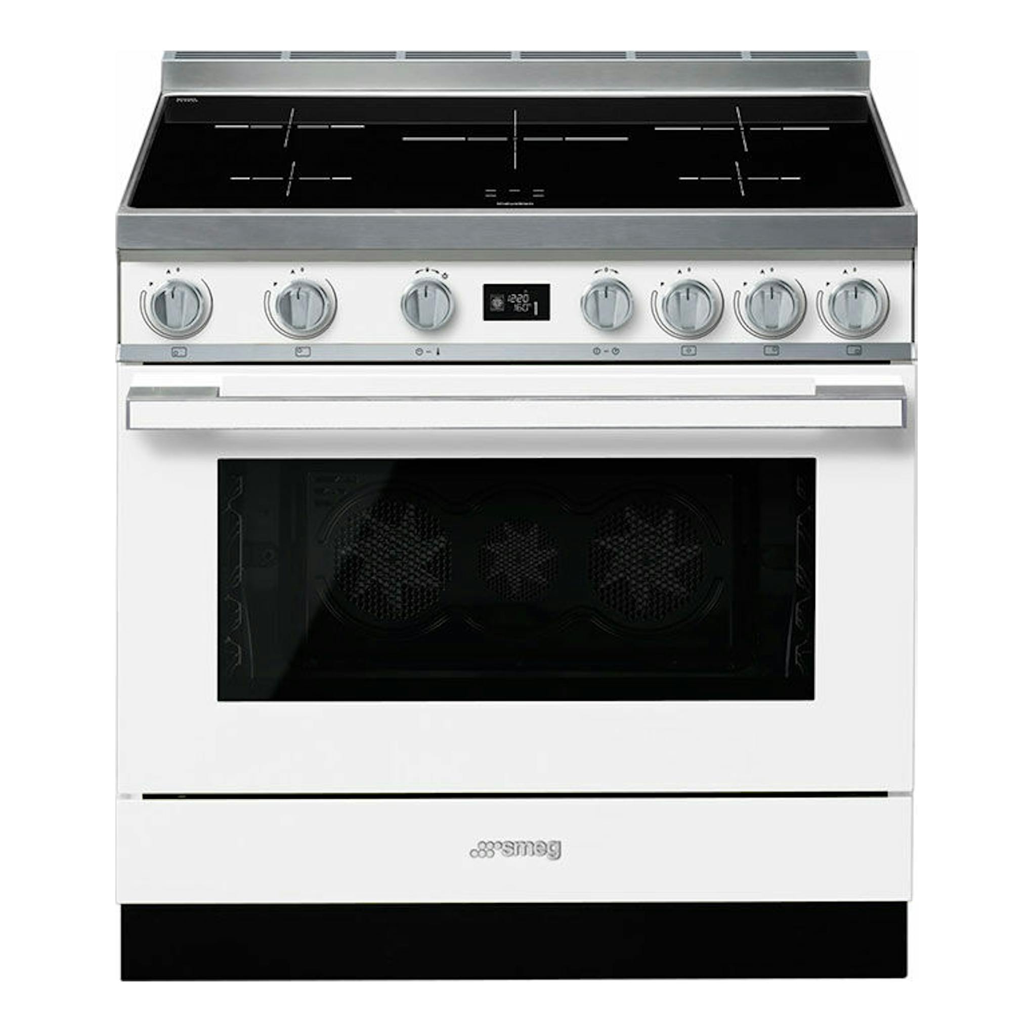 Cocina Smeg CPF9IPWH blanca, vista frontal, con placa negra y horno de puerta de vidrio.