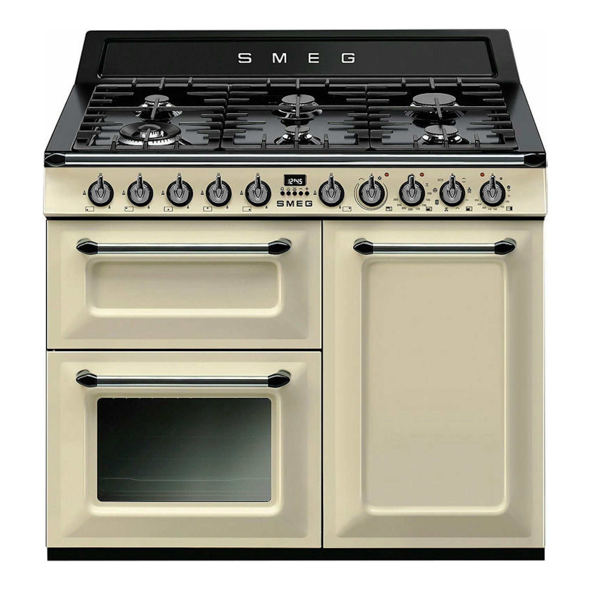 Cocina Smeg TR103P crema y negro, vista frontal, con placa de gas y horno doble.