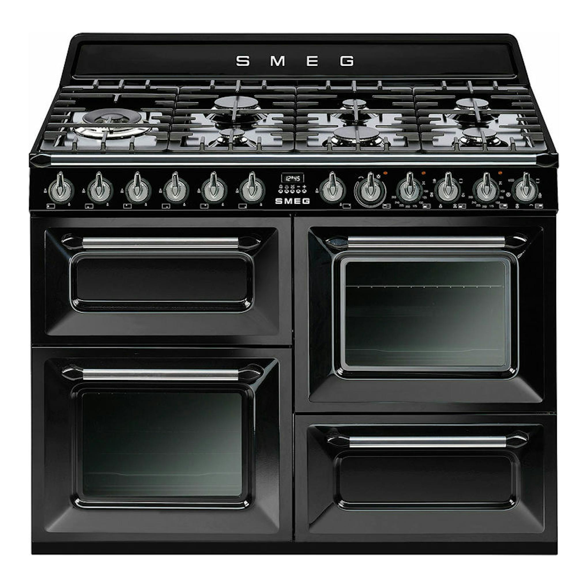 Cocina Smeg TR4110BL1 negra, vista frontal, con 5 quemadores y cuatro hornos.