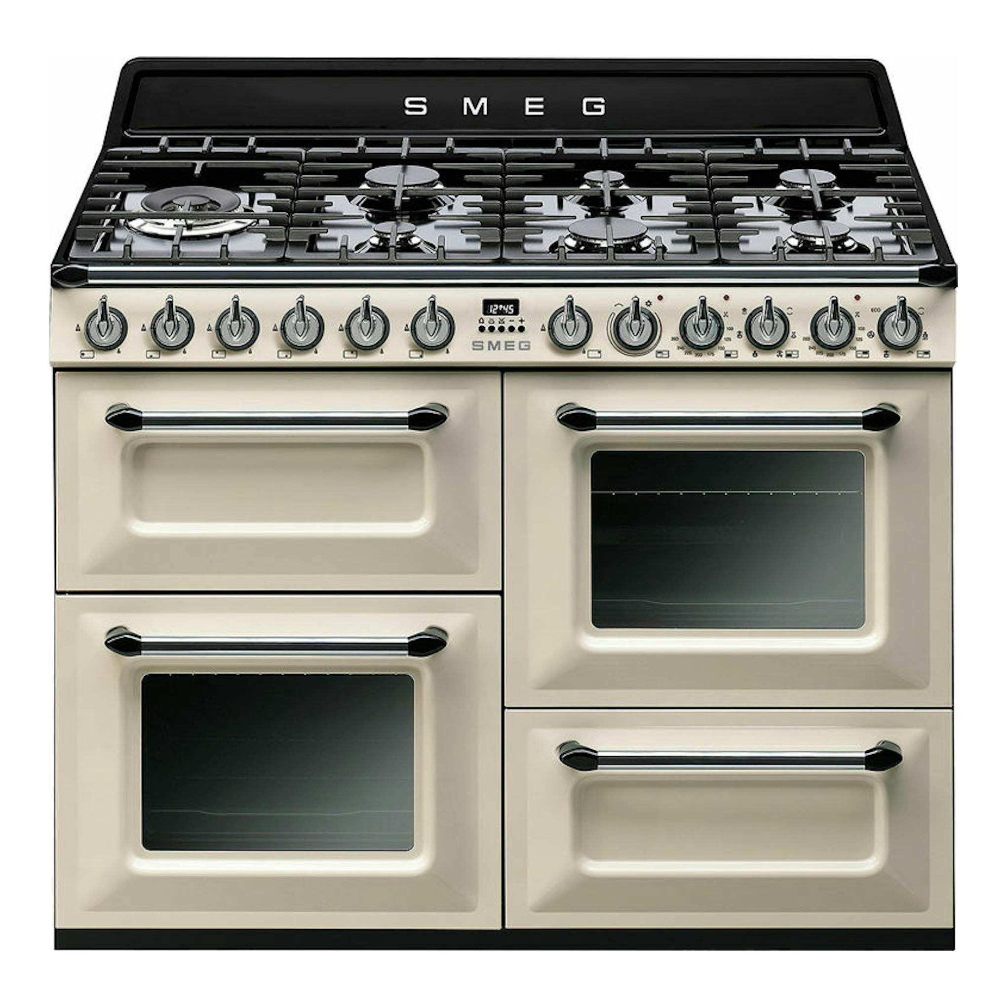 Cocina Smeg TR4110P1 beige y negra, vista frontal, con cinco fogones y cuatro hornos.