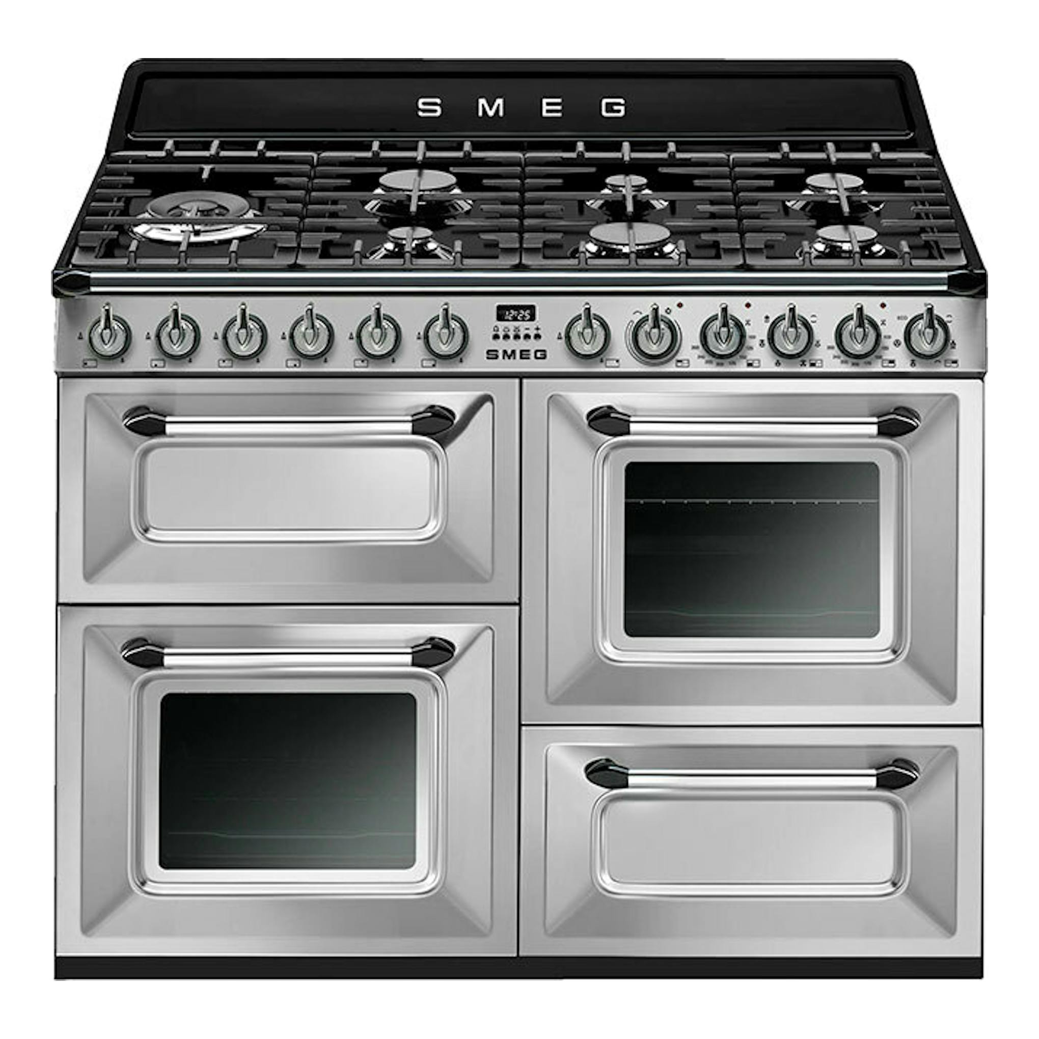 SMEG TR4110X-1, cocina de acero inoxidable de 110 cm con encimera negra y cuatro hornos, vista frontal.