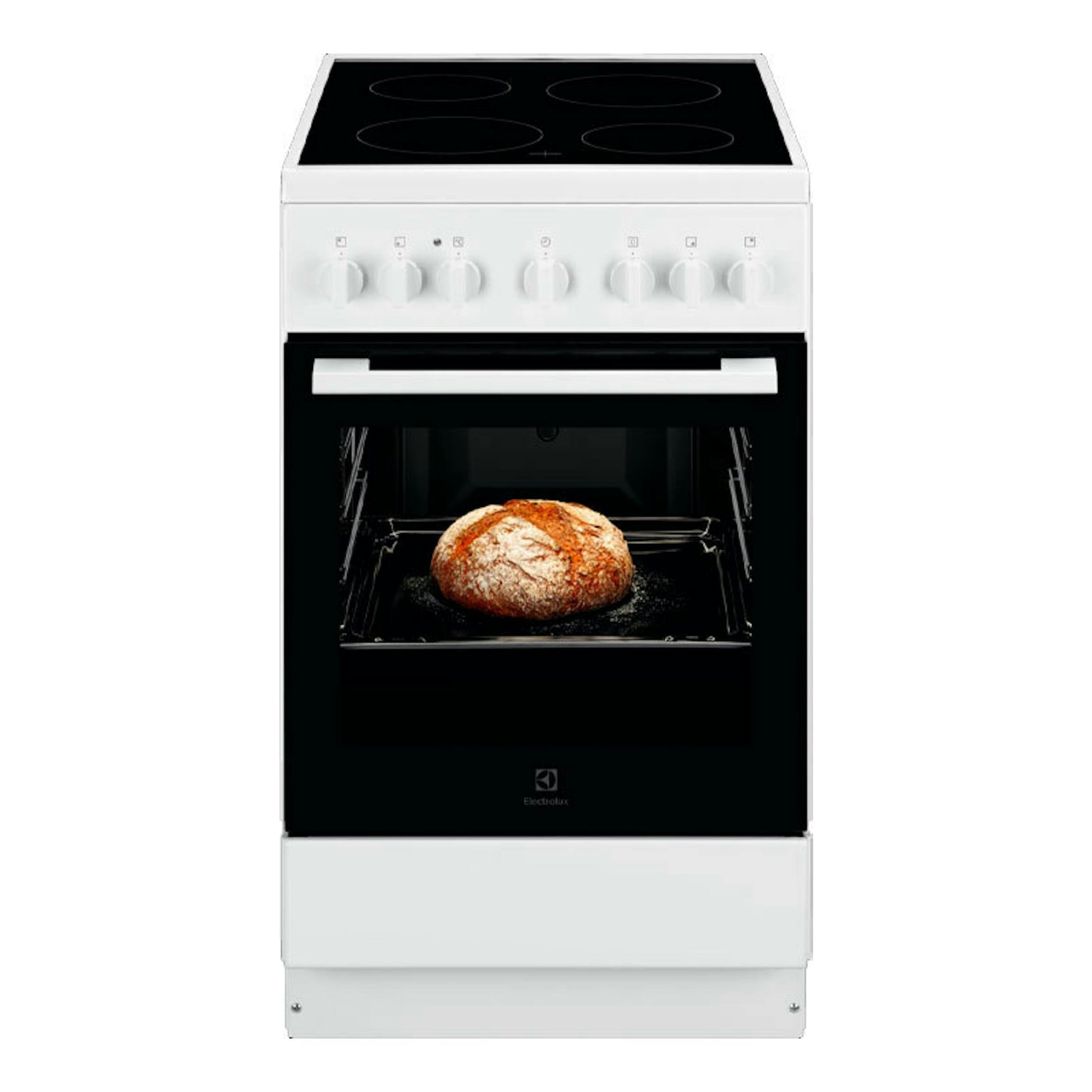 Electrolux LKR500066W, cocina vitrocerámica blanca de frente, con horno negro y pan en el interior.