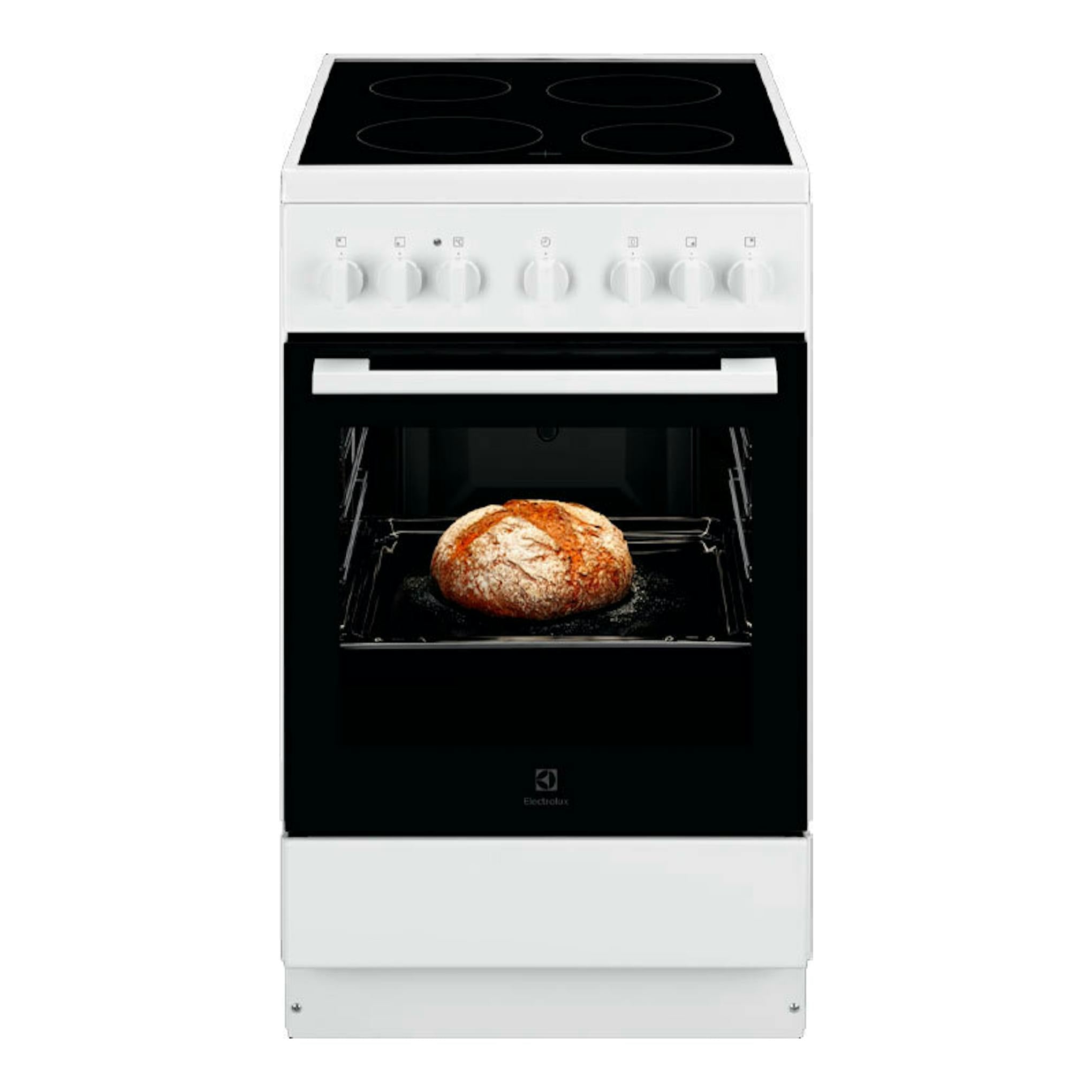 Electrolux LKR500066W, cocina vitrocerámica blanca de frente, con horno negro y pan en el interior.