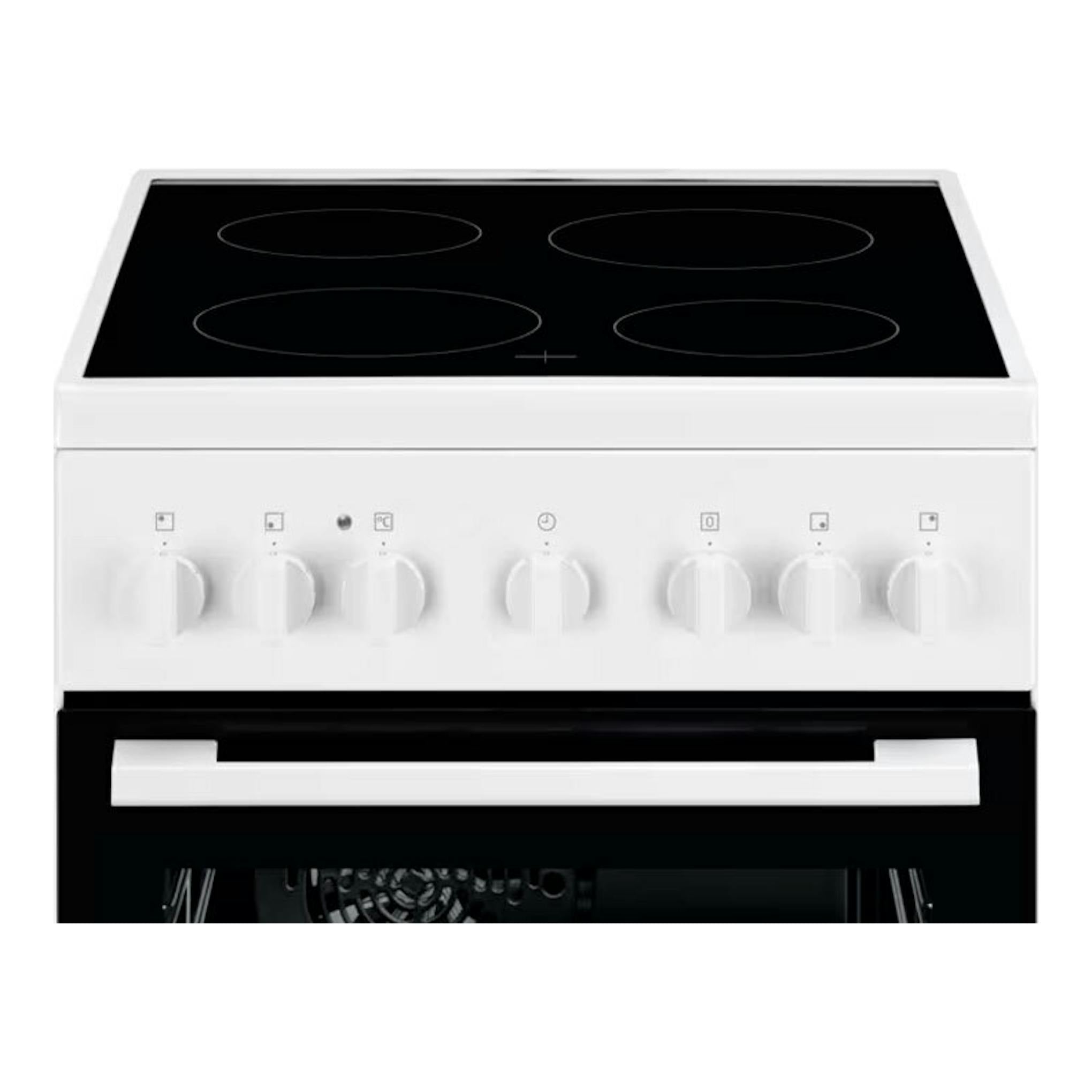 Cocina vitrocerámica Electrolux LKR500066W blanca, vista frontal, con 4 zonas de cocción y horno.