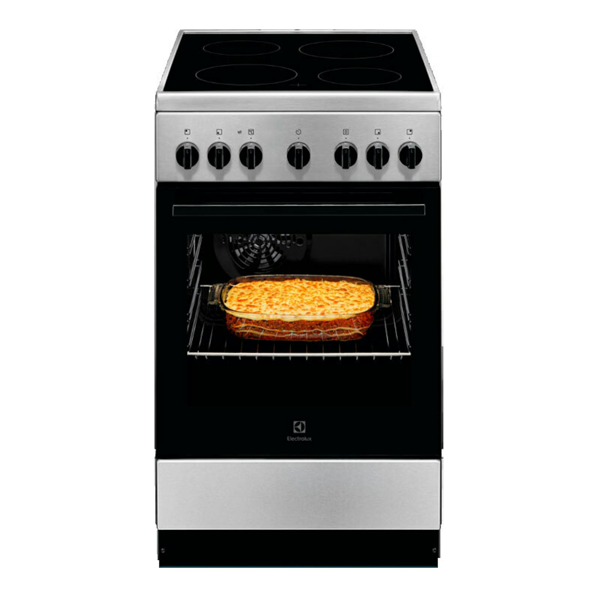Cocina vitrocerámica Electrolux LKR540066X de 50 cm, vista frontal, negra y acero inoxidable, con horno abierto.