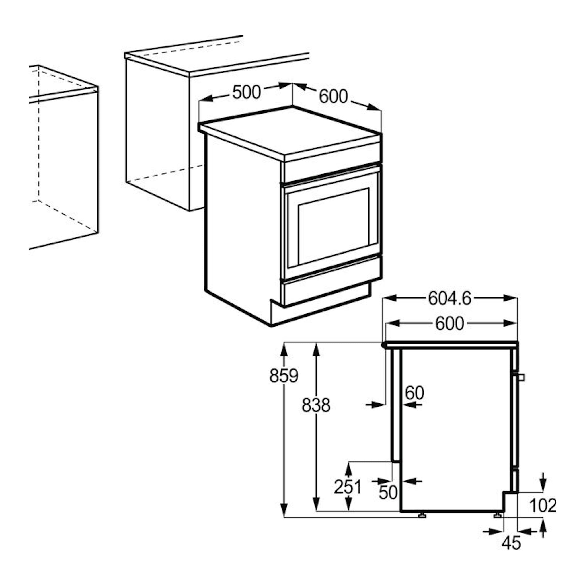 Electrolux LKR540066X: dibujo técnico en blanco y negro de cocina vitrocerámica de 50 cm con medidas.