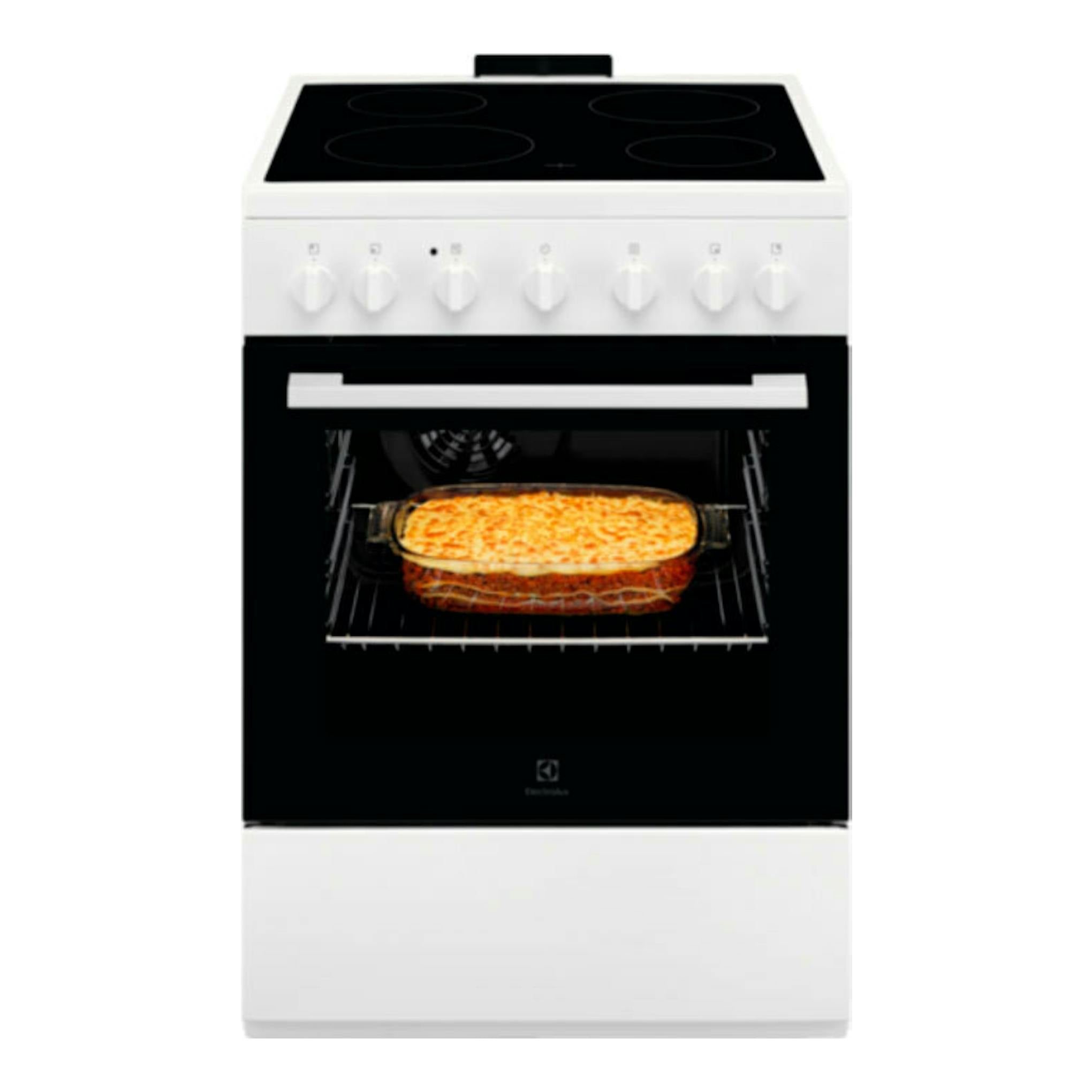 Cocina vitrocerámica Electrolux blanca, con superficie negra, vista frontal, con horno negro y bandeja dentro.