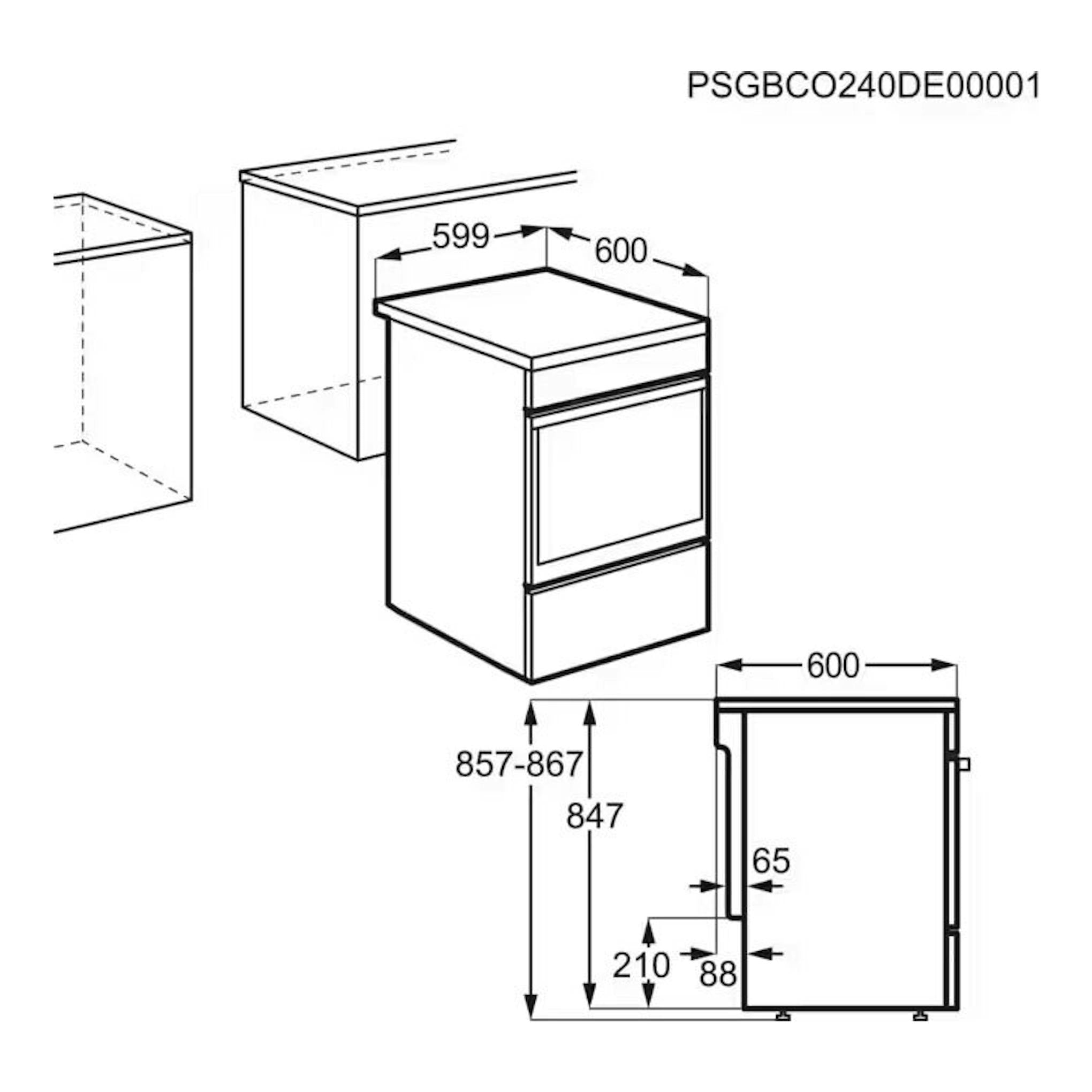 Dibujo técnico de cocina Electrolux LKR620066W de 60 cm, vistas frontal y lateral con medidas.