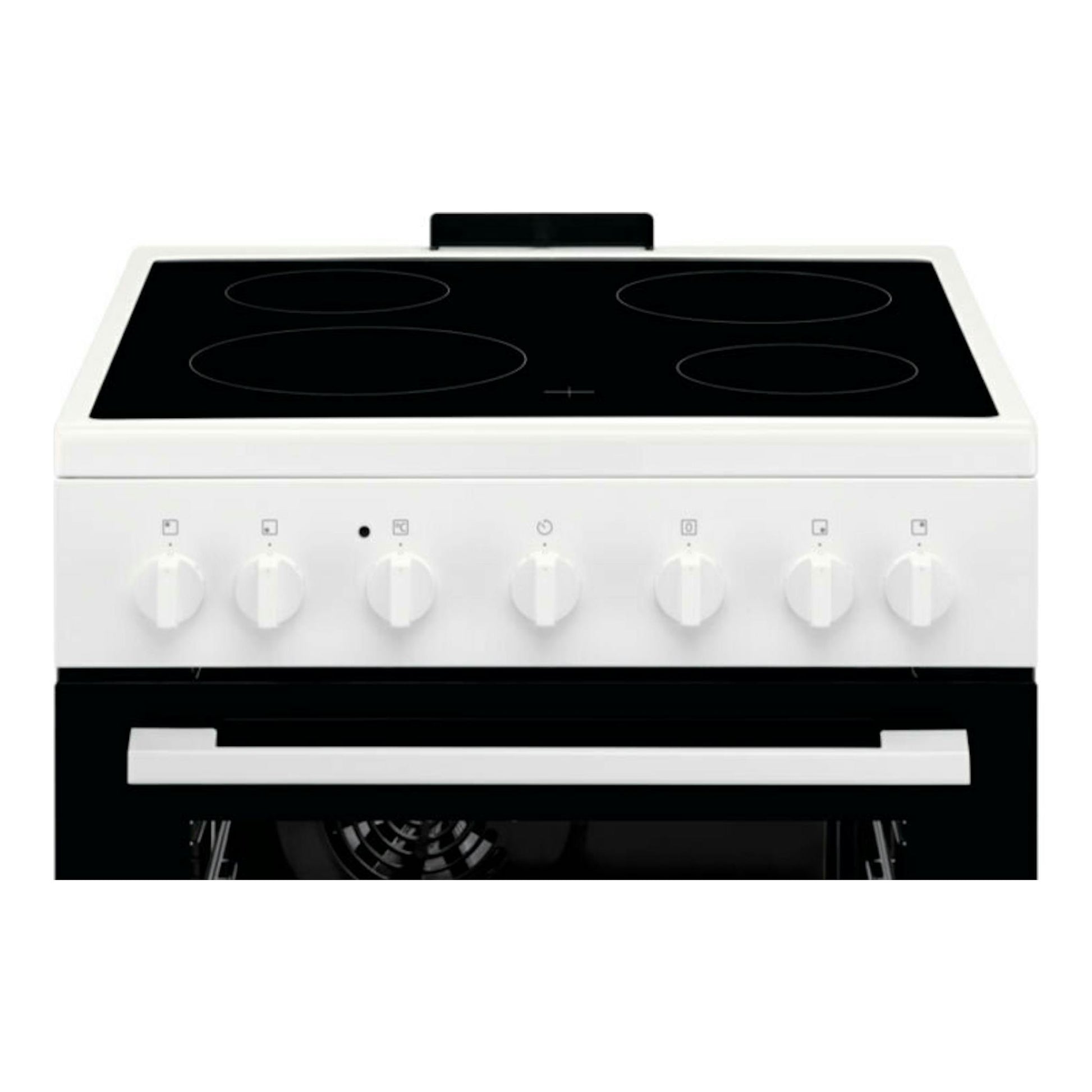 Cocina Electrolux LKR620066W blanca de 60 cm, vista frontal, con placa vitrocerámica negra y horno.