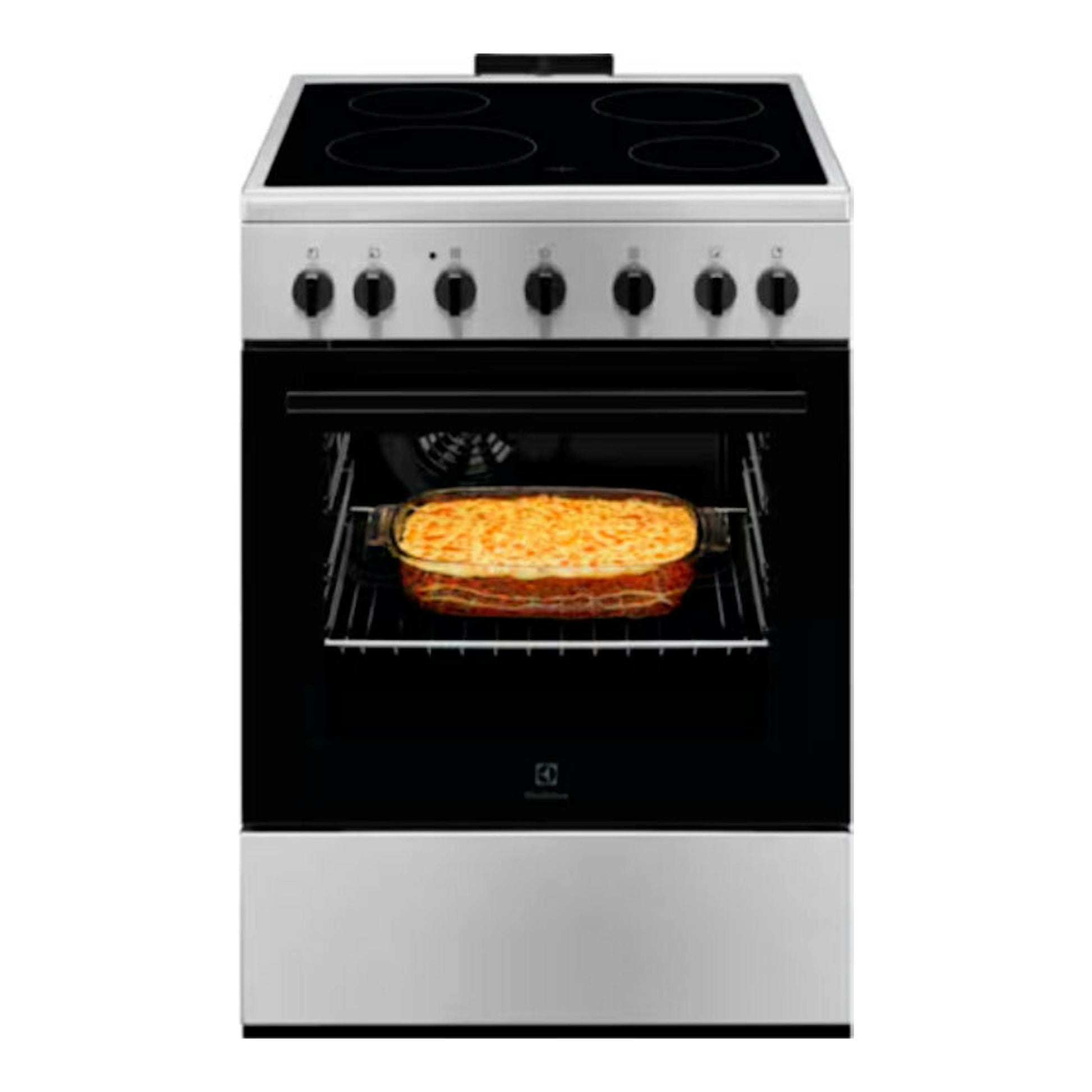 Cocina vitrocerámica Electrolux LKR620066X, vista frontal, acero inoxidable y negro, con horno y bandeja.