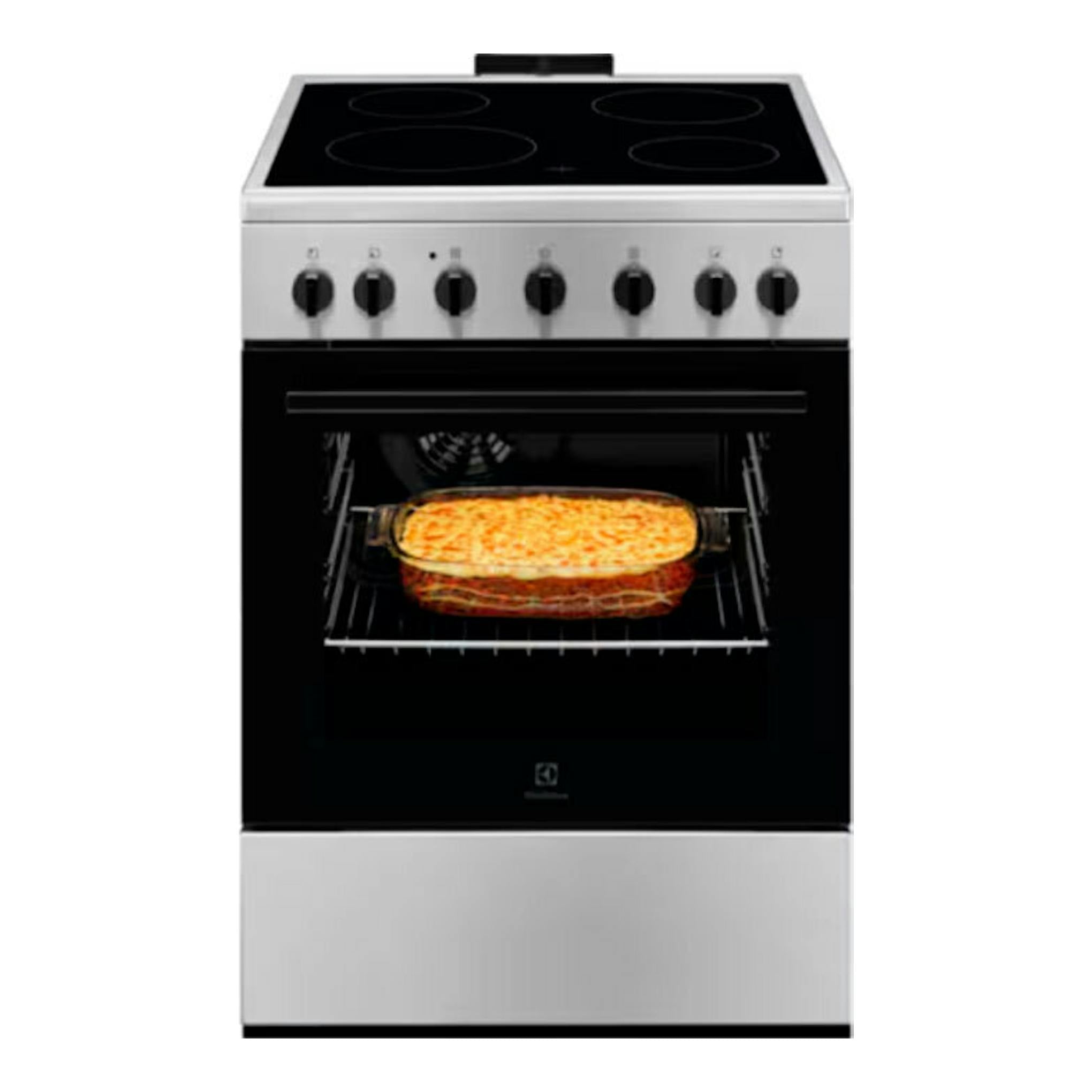 Cocina vitrocerámica Electrolux LKR620066X, vista frontal, acero inoxidable y negro, con horno y bandeja.