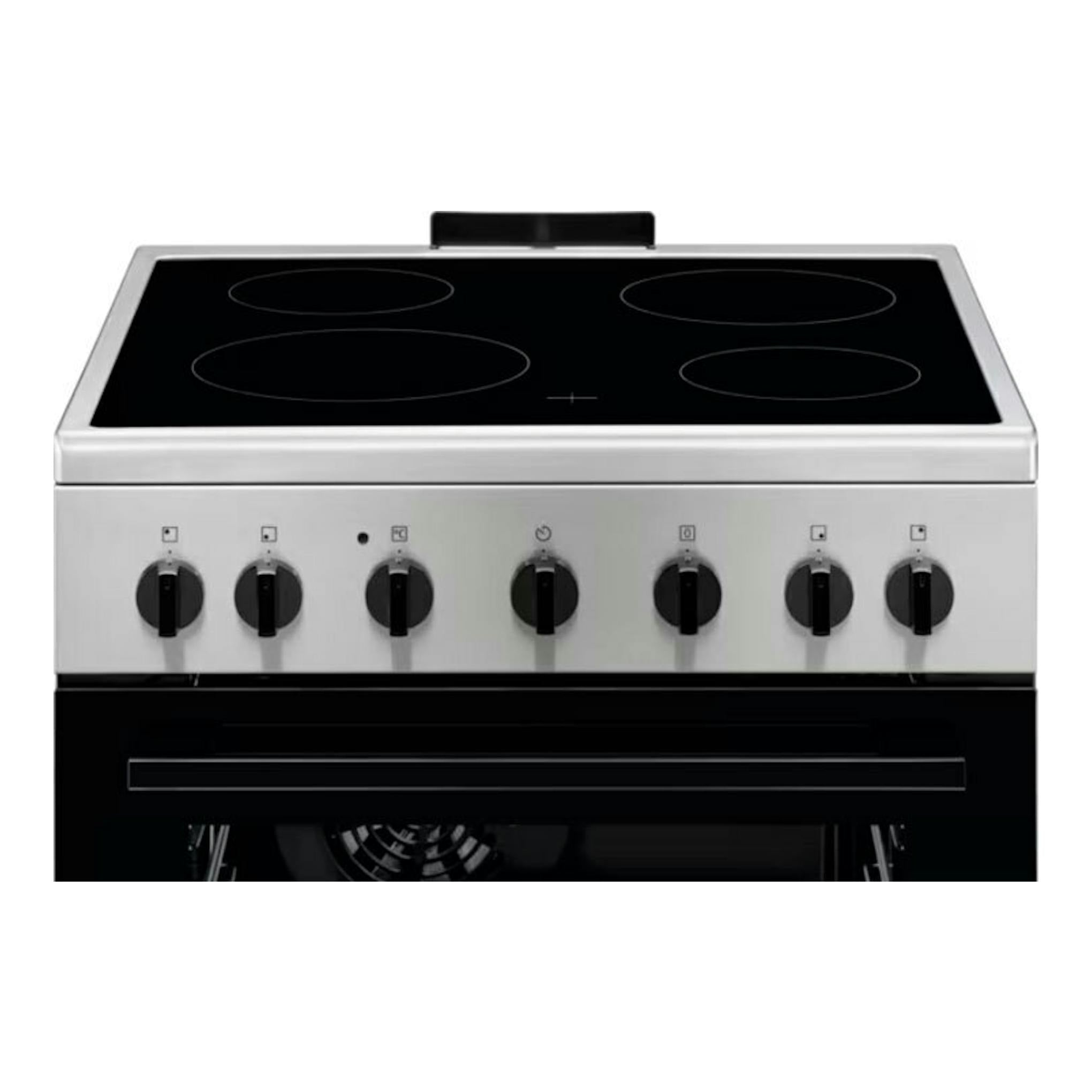 Cocina vitrocerámica Electrolux LKR620066X de 60 cm, vista frontal, con panel negro y mandos plateados.