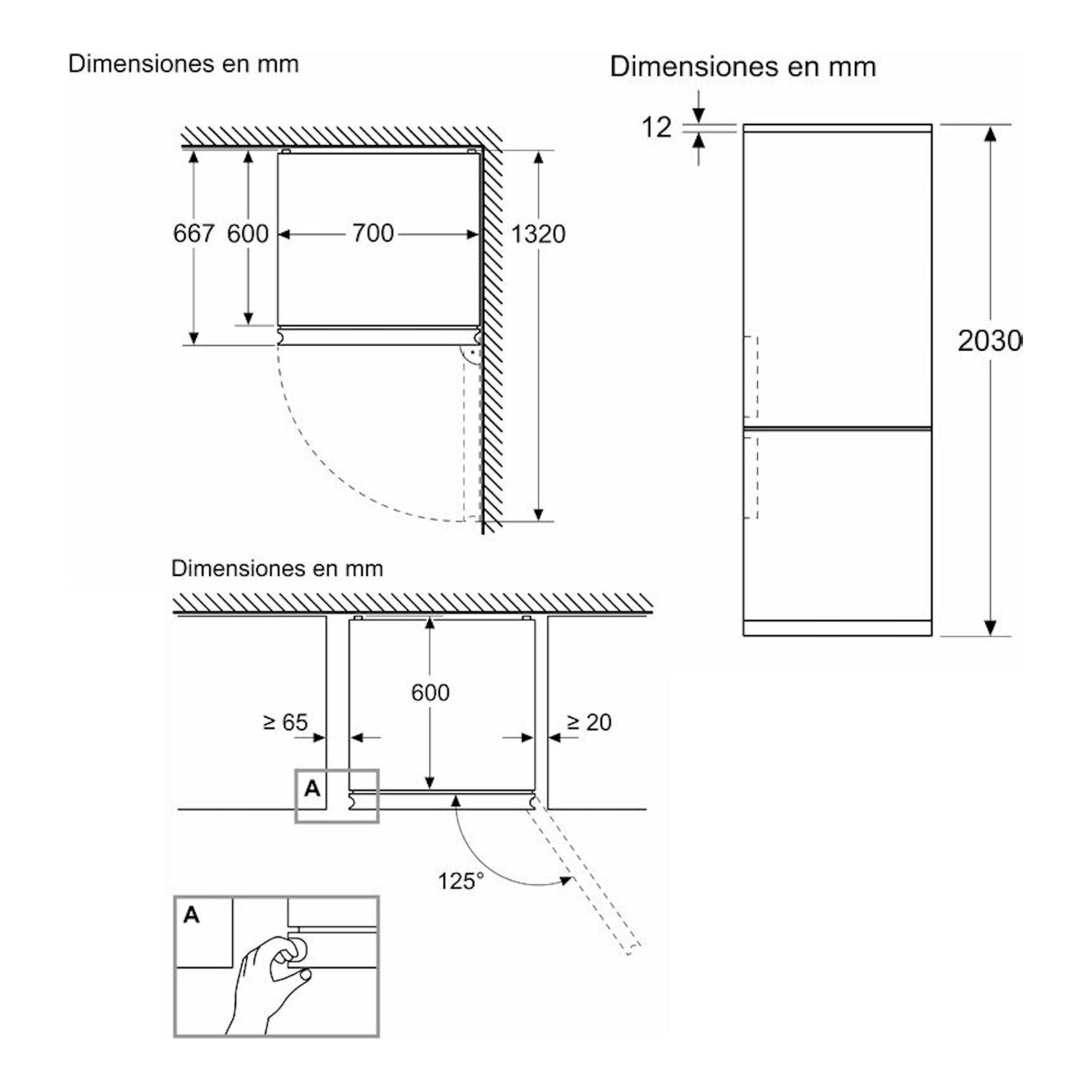 Bosch KGN49LBCF, esquema técnico frontal y lateral de una combi frigorífica con medidas en mm.