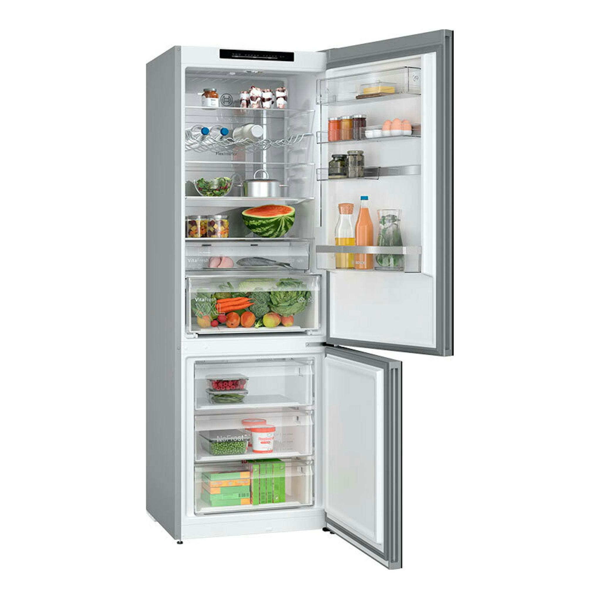 Frigorífico combi Bosch KGN49LBCF, vista frontal con puertas abiertas, exterior gris y blanco e interior con alimentos.