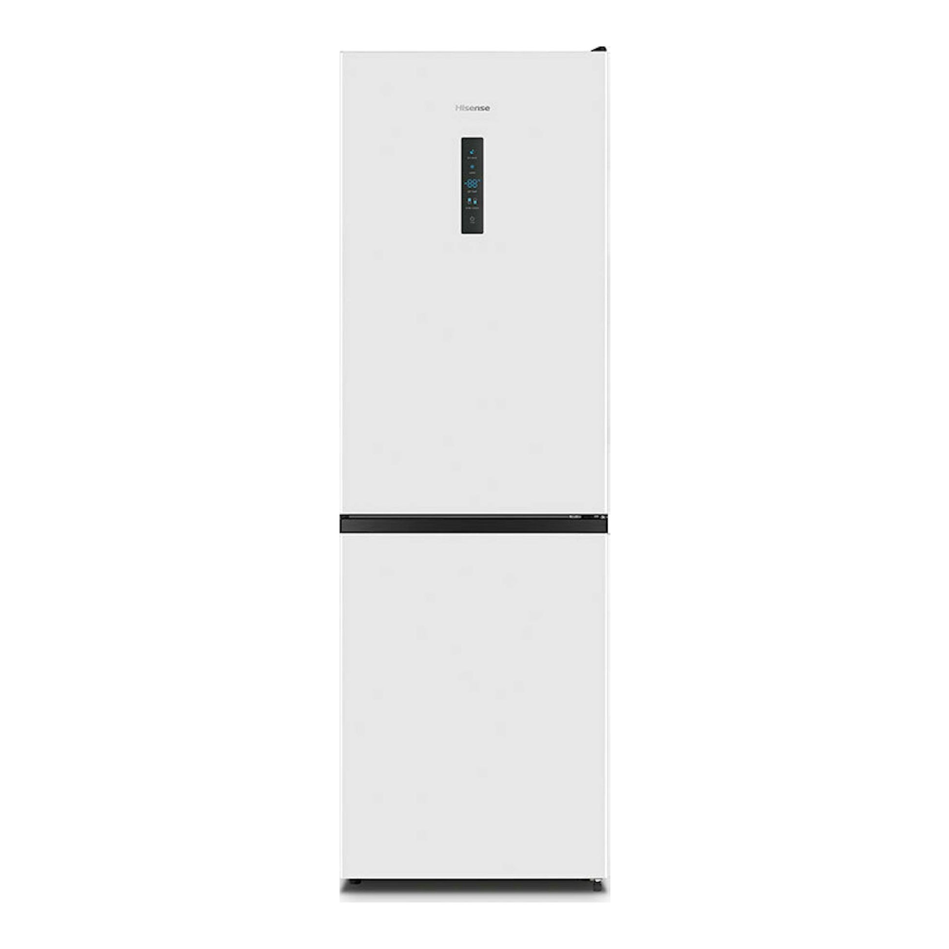 Frigorífico combi Hisense RB390N4DWD blanco, vista frontal, con panel de control en la puerta.