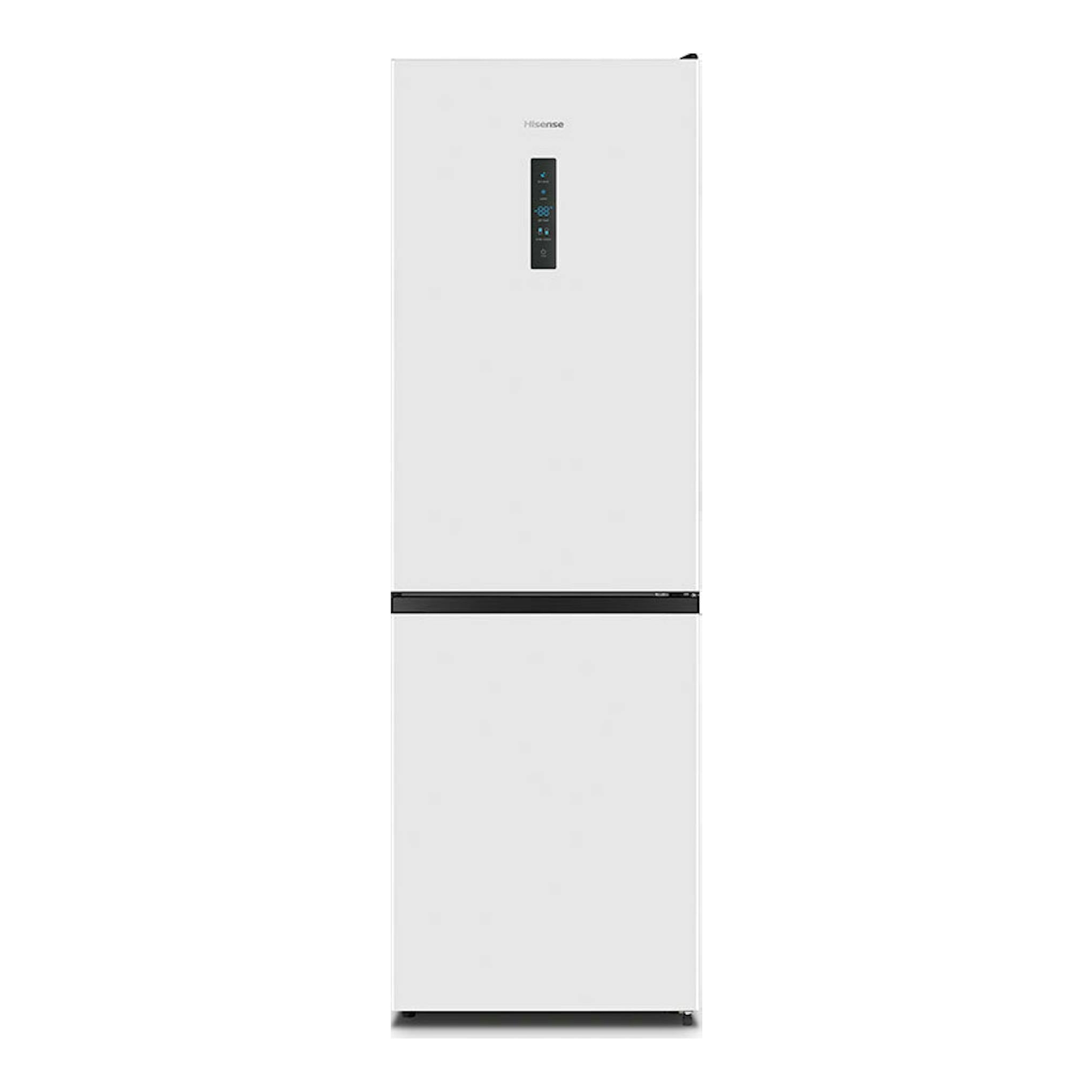 Frigorífico combi Hisense RB390N4DWD blanco, vista frontal, con panel de control en la puerta.
