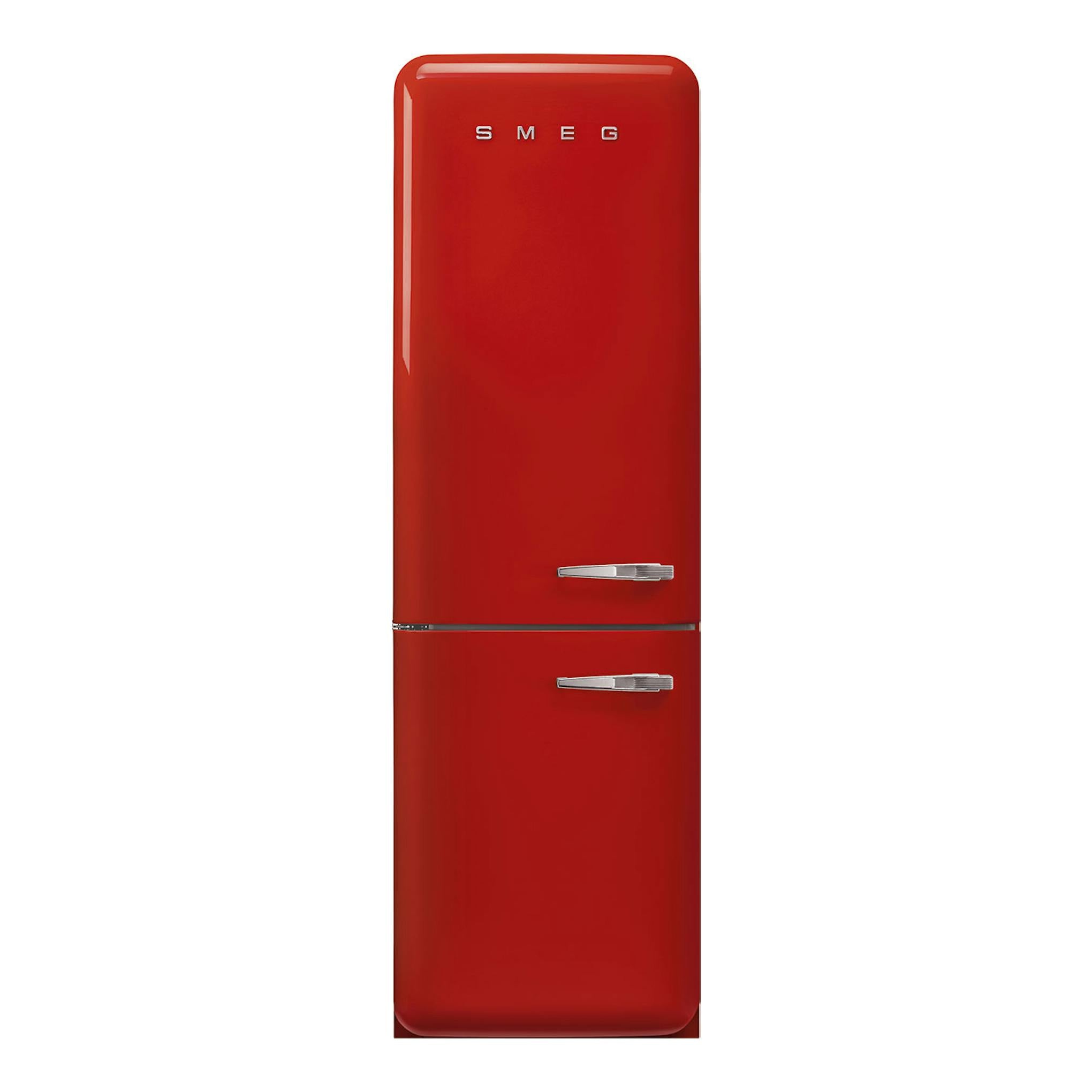 Frigorífico combi Smeg FAB32LRD6 rojo, vista frontal, con dos puertas y tiradores cromados.