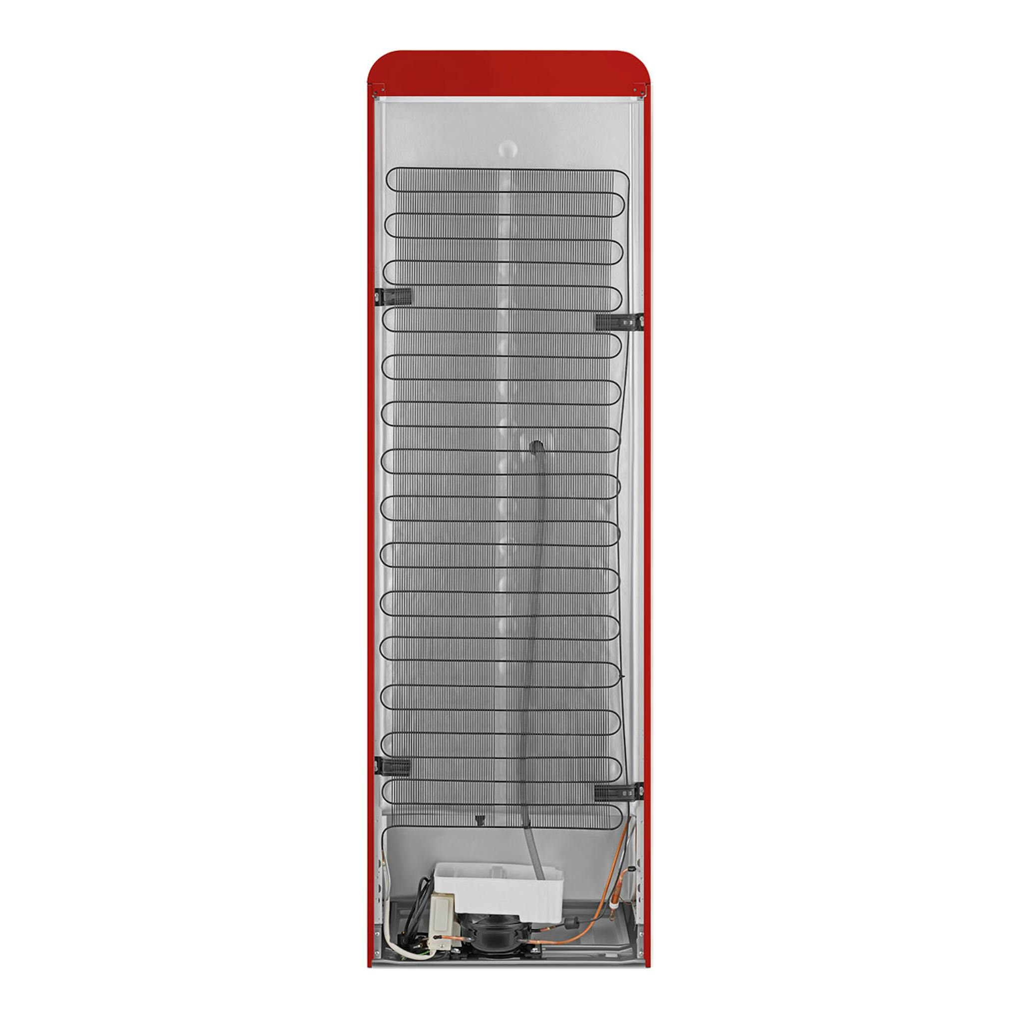 Frigorífico combi Smeg FAB32LRD6 rojo, vista trasera con serpentín y motor inferiores.