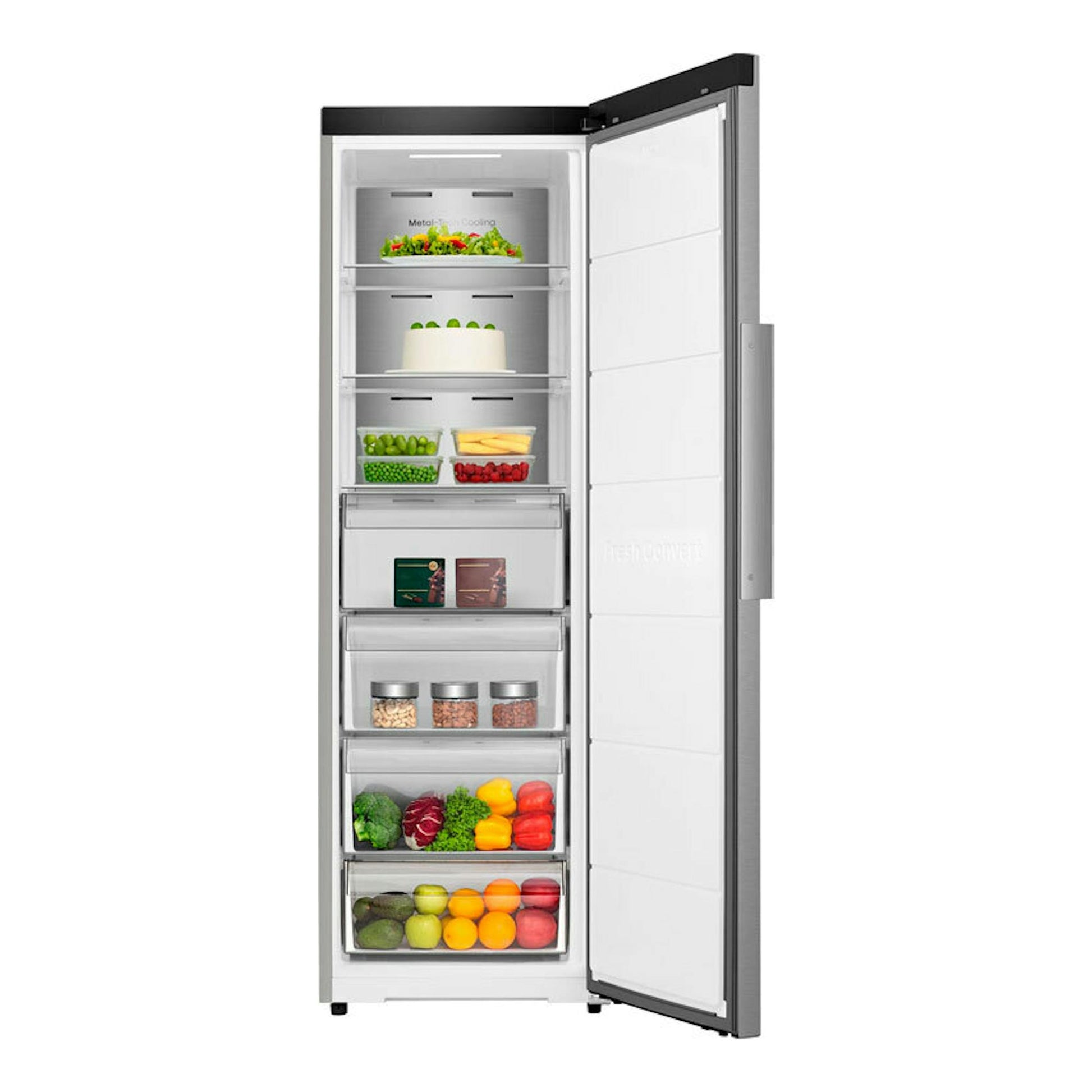 Congelador vertical Hisense FT3K310SAIE inox, puerta abierta en vista frontal, con estantes y cajones.