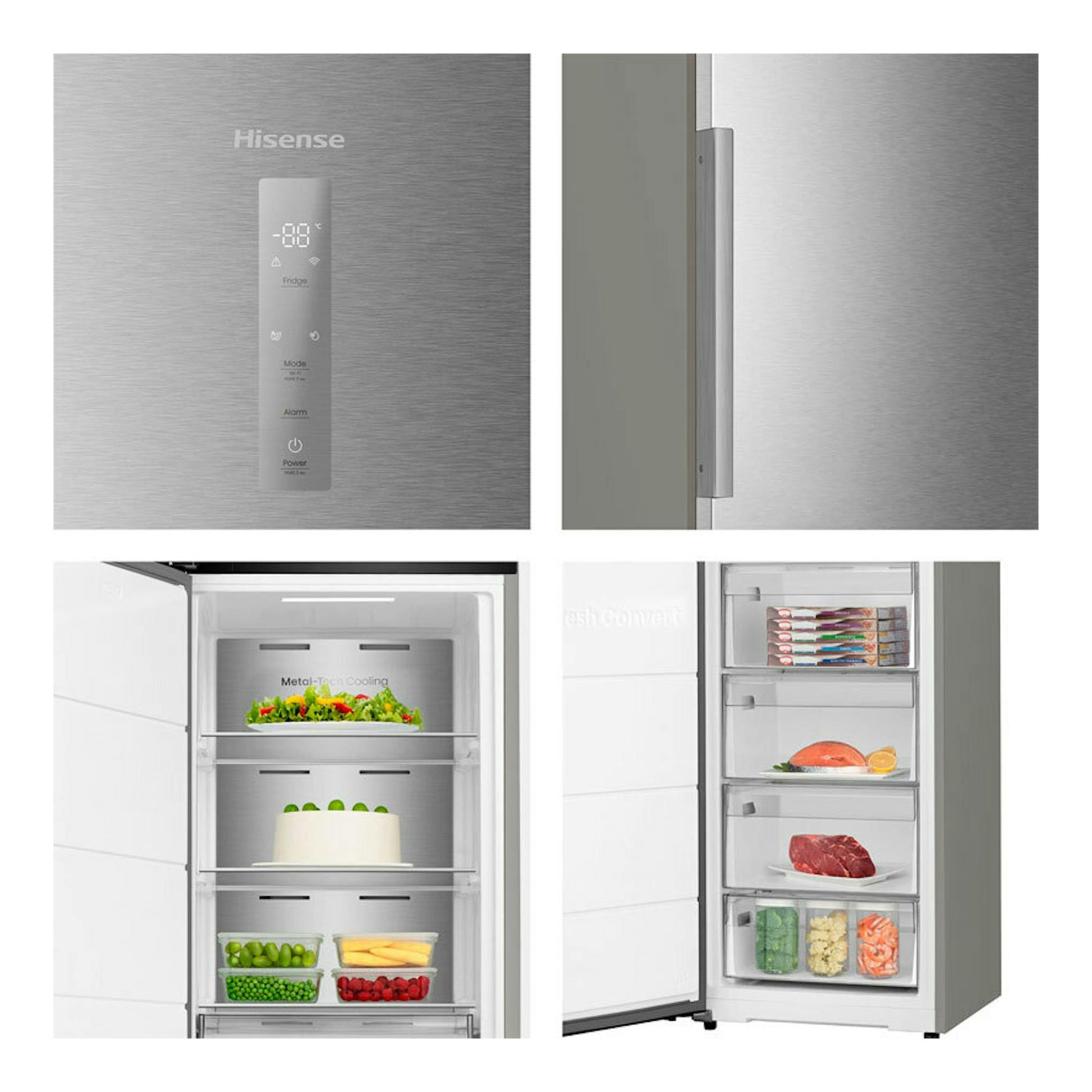 Congelador Hisense FT3K310SAIE inox, vista frontal y lateral, puerta abierta con cajones y alimentos.