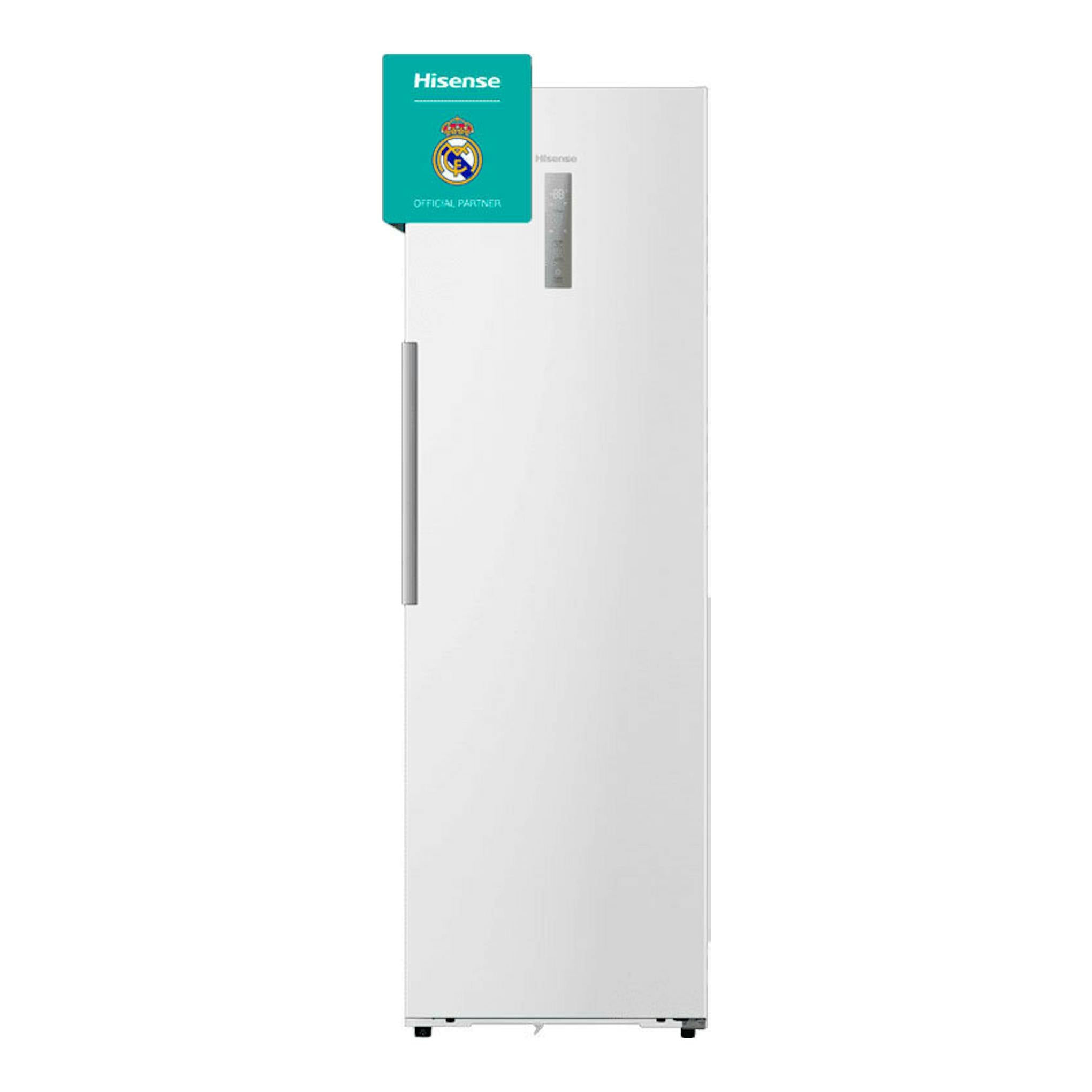 Congelador vertical Hisense FT3K310SEWE blanco, vista frontal, con una puerta y asa lateral.
