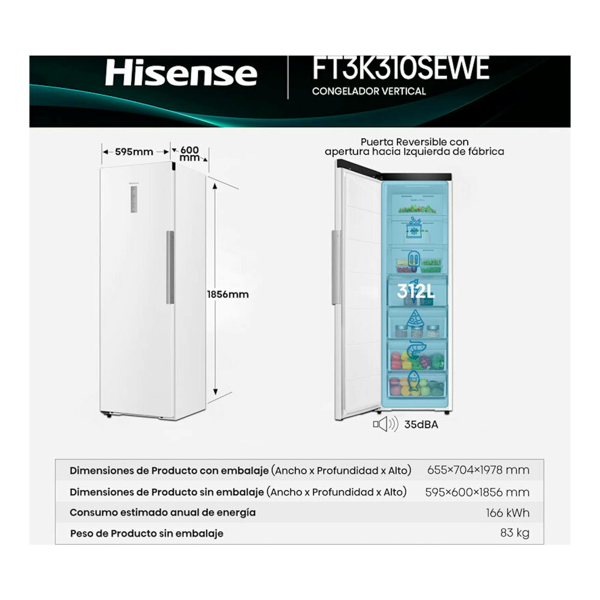 Hisense FT3K310SEWE, congelador vertical blanco, vista frontal y abierto, con medidas.