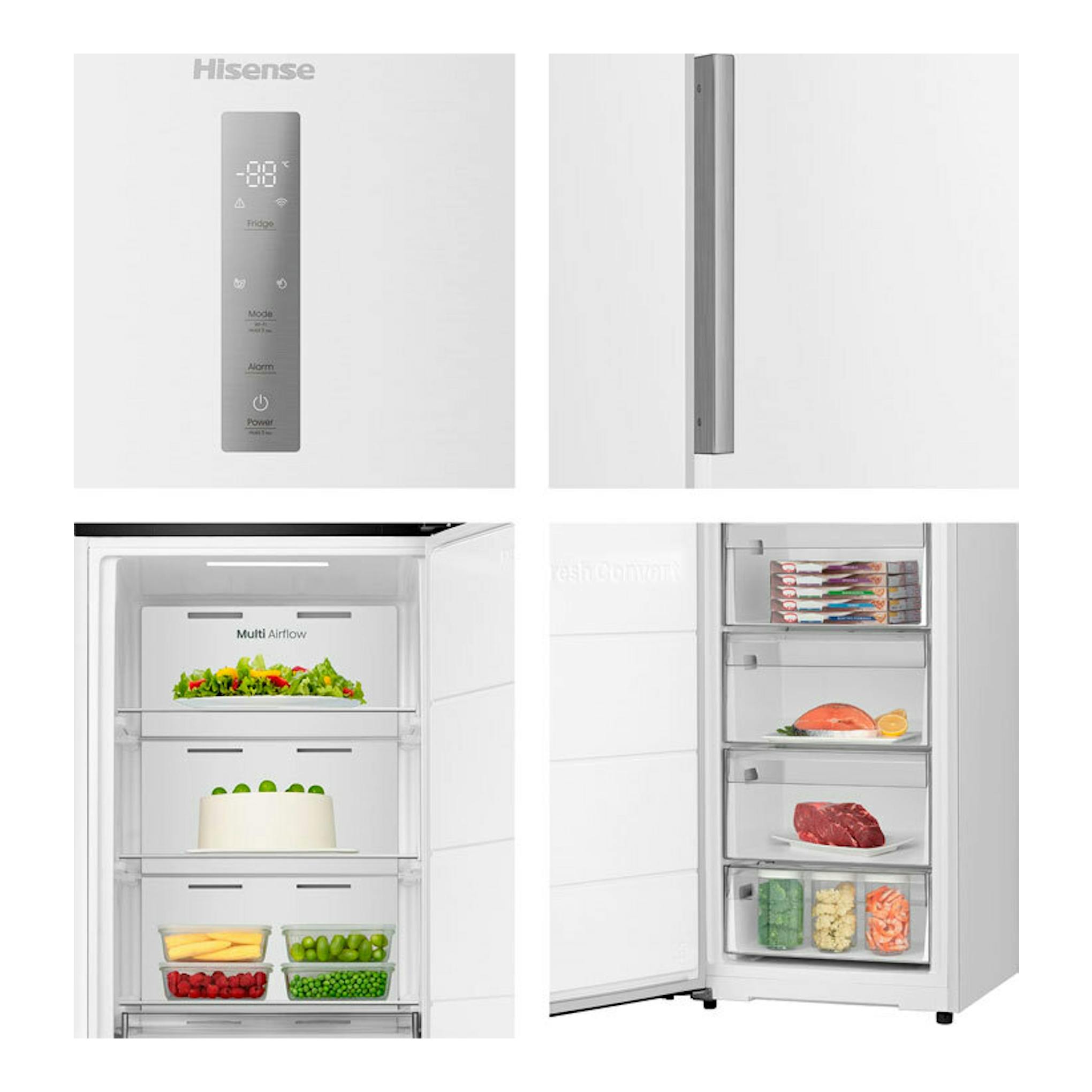 Congelador vertical Hisense FT3K310SEWE blanco, vista frontal y lateral, con interior de cajones abiertos.